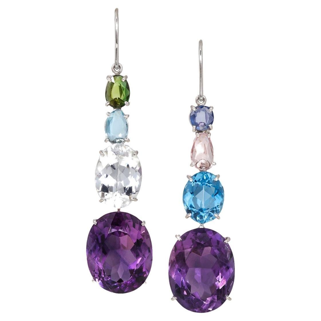 Amethyst, Aquamarine, Iolite, Sapphire Long Dangle Earrings Set in White Gold