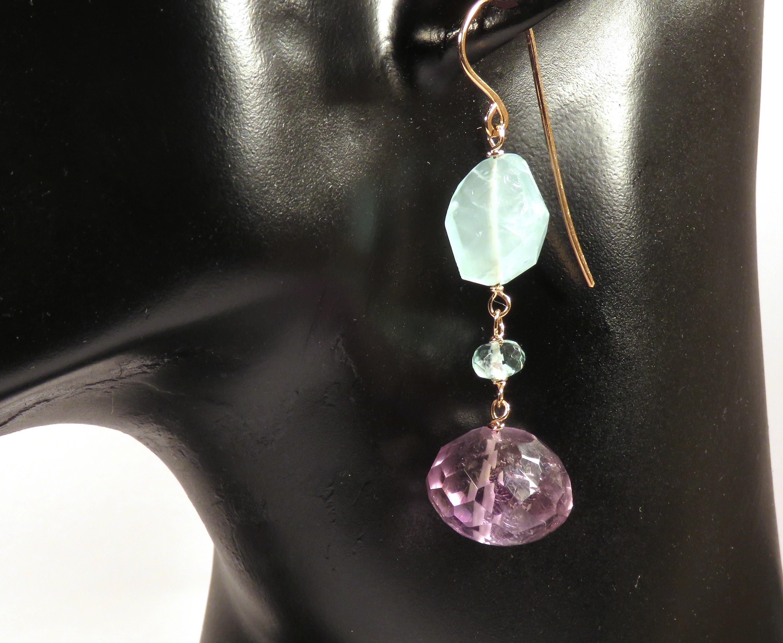 Wonderful dangle earrings in 9 karat rose gold with real aquamarine and amethyst gemstones. The length of each earring is 55 mm / 2.165 inches. Each item is stamped with the Italian gold mark 375 and Botta Gioielli brandmark