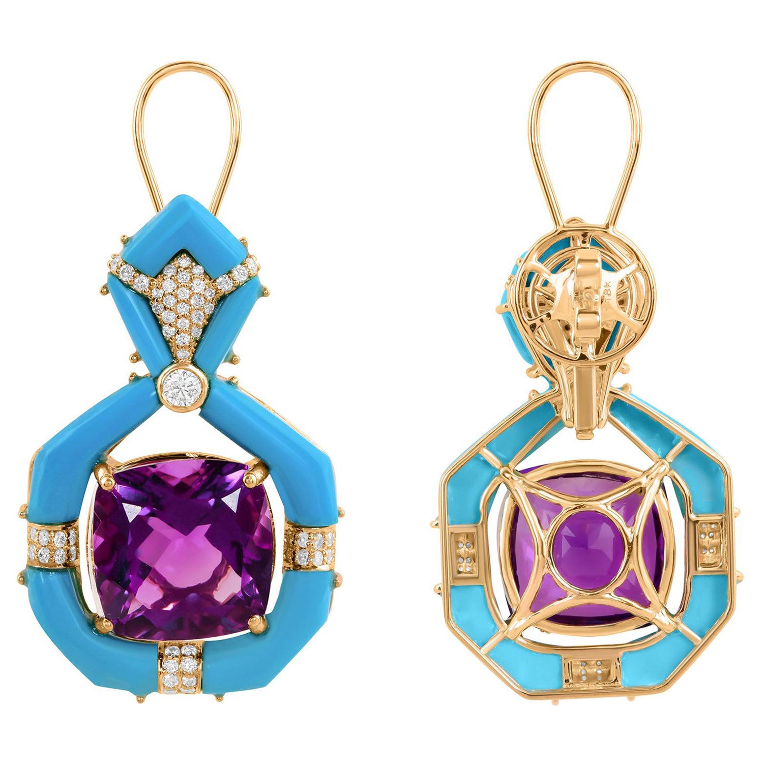 Diese exquisiten Ohrringe sind aus 14-karätigem Gold gegossen und mit 17,21 Karat Amethyst, 13,21 Karat Türkis und 0,72 Karat funkelnden Diamanten besetzt.

FOLLOW SPECTRUM JEWELS Storefront, um die neueste Collection'S und exklusive Stücke zu