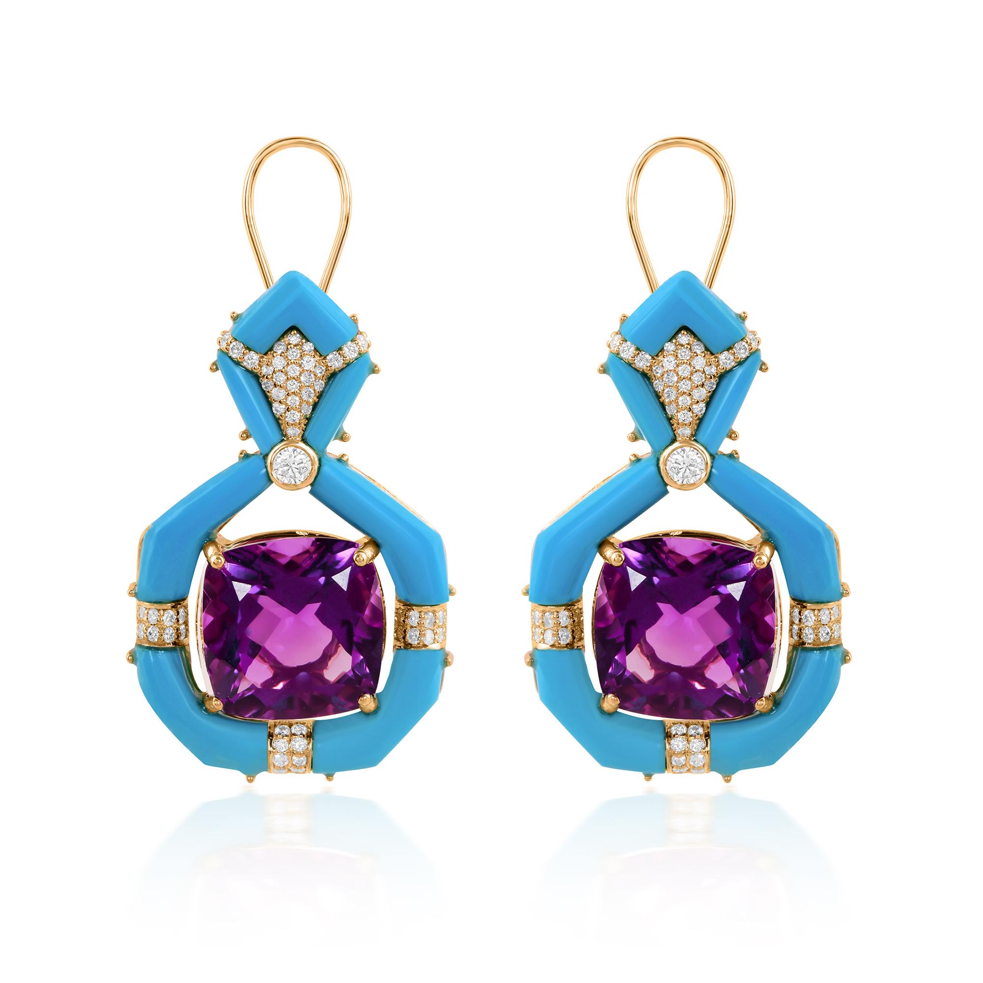 Surrounding the Amethyst Arizona Turquoise gemstones are dazzling diamonds, adding a touch of sparkle and luxury to the design. Each diamond is meticulously chosen for its brilliance and fire, enhancing the overall allure of the earrings.

FOLLOW