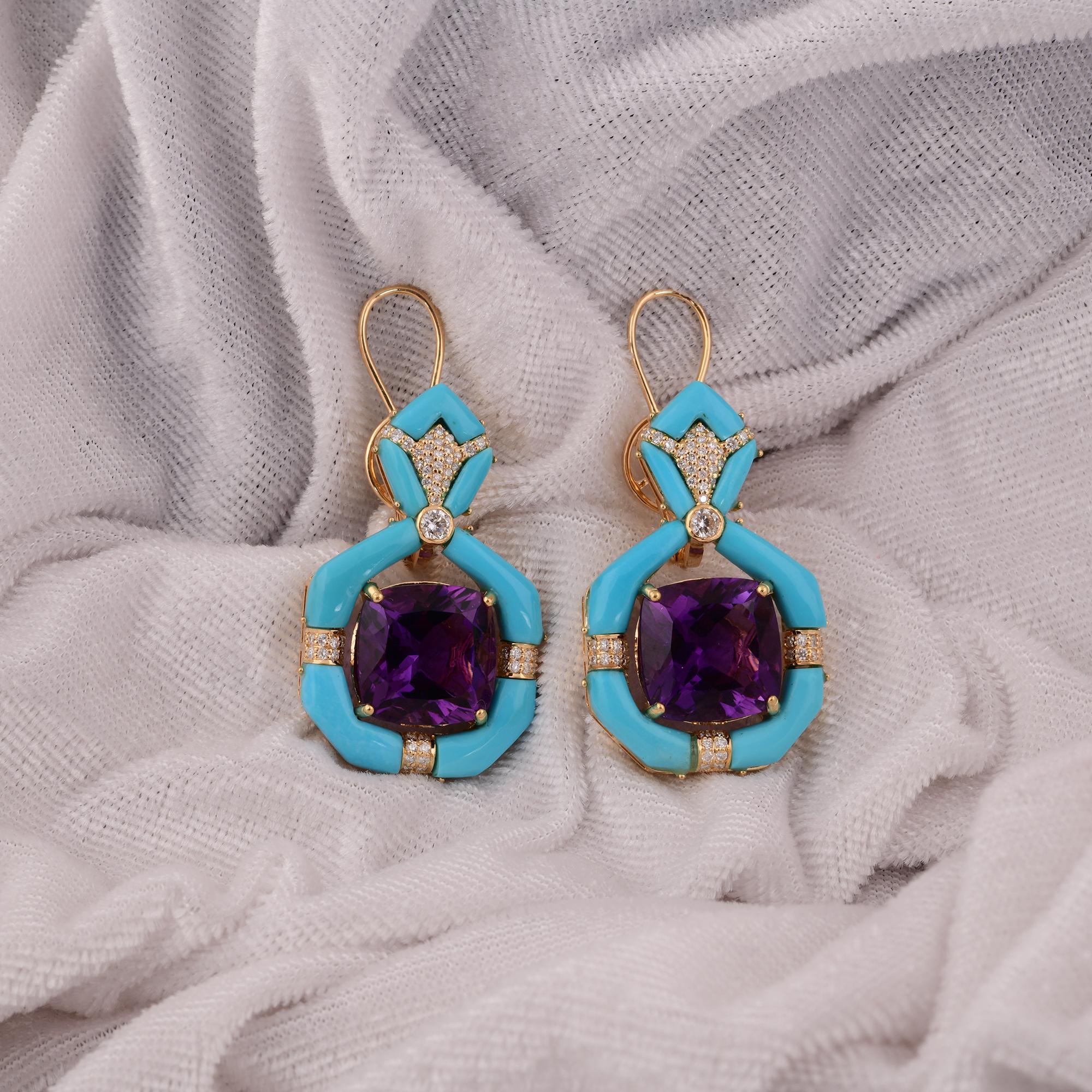 Cushion Cut Amethyst Arizona Turquoise Gemstone Dangle Earrings Diamond 14 Karat Yellow Gold For Sale