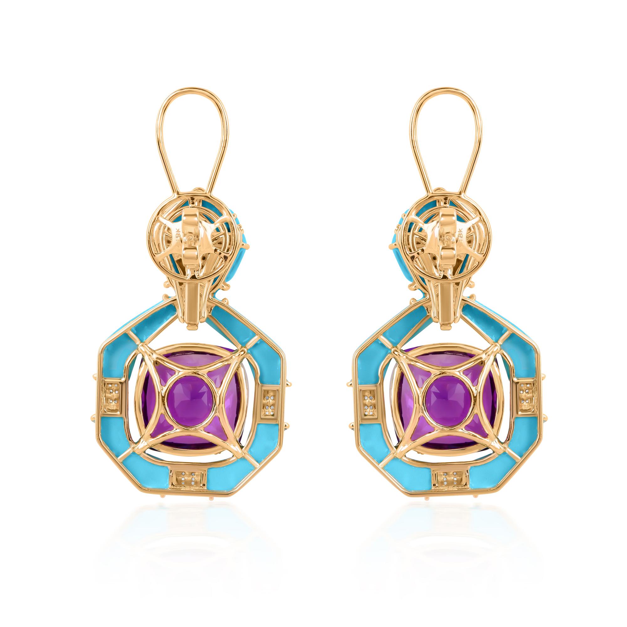 Women's Amethyst Arizona Turquoise Gemstone Dangle Earrings Diamond 14 Karat Yellow Gold For Sale