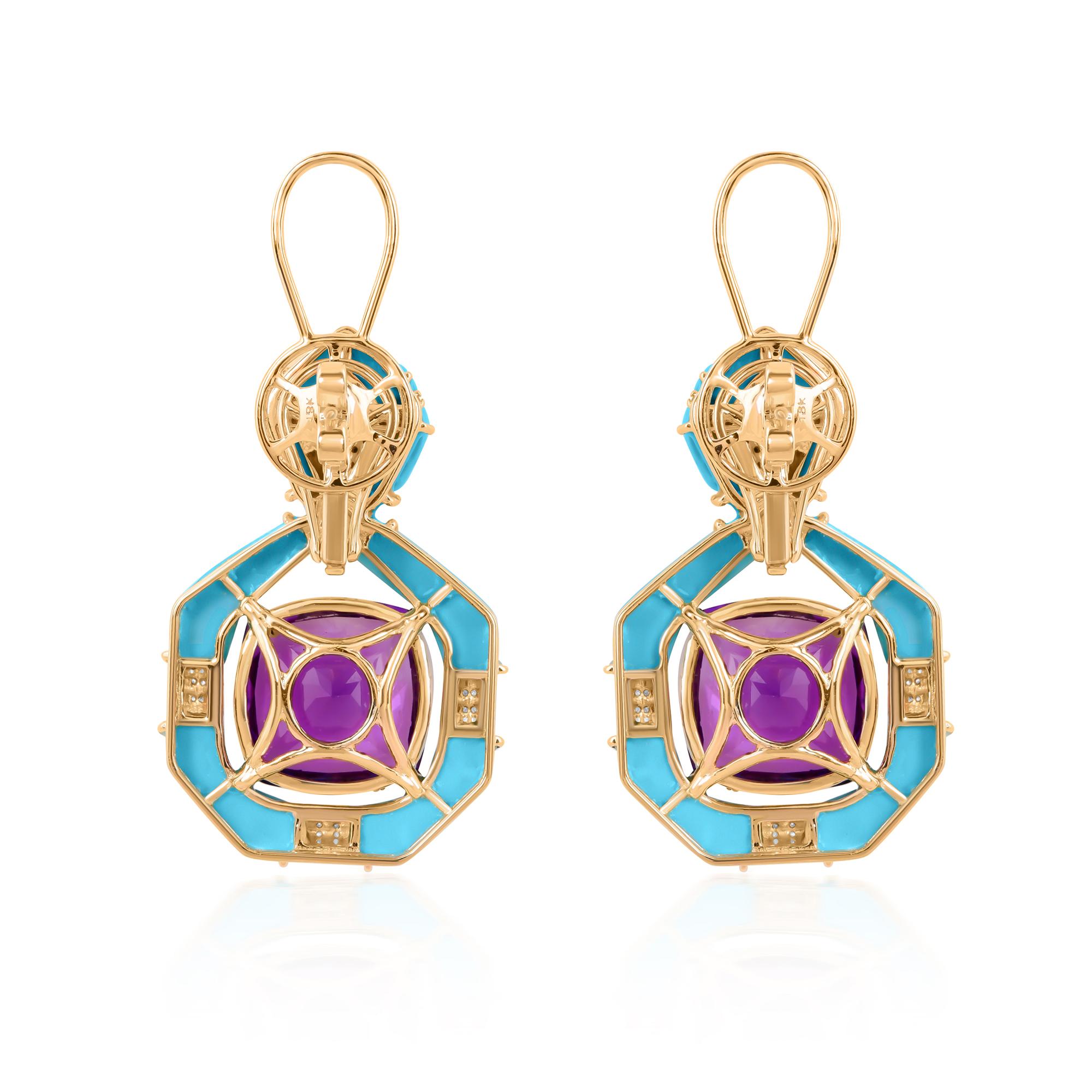 Pendientes Colgantes Amatista Arizona Turquesa Diamante Oro Amarillo 14 Kilates en Nuevo estado para la venta en Diera, Dubai