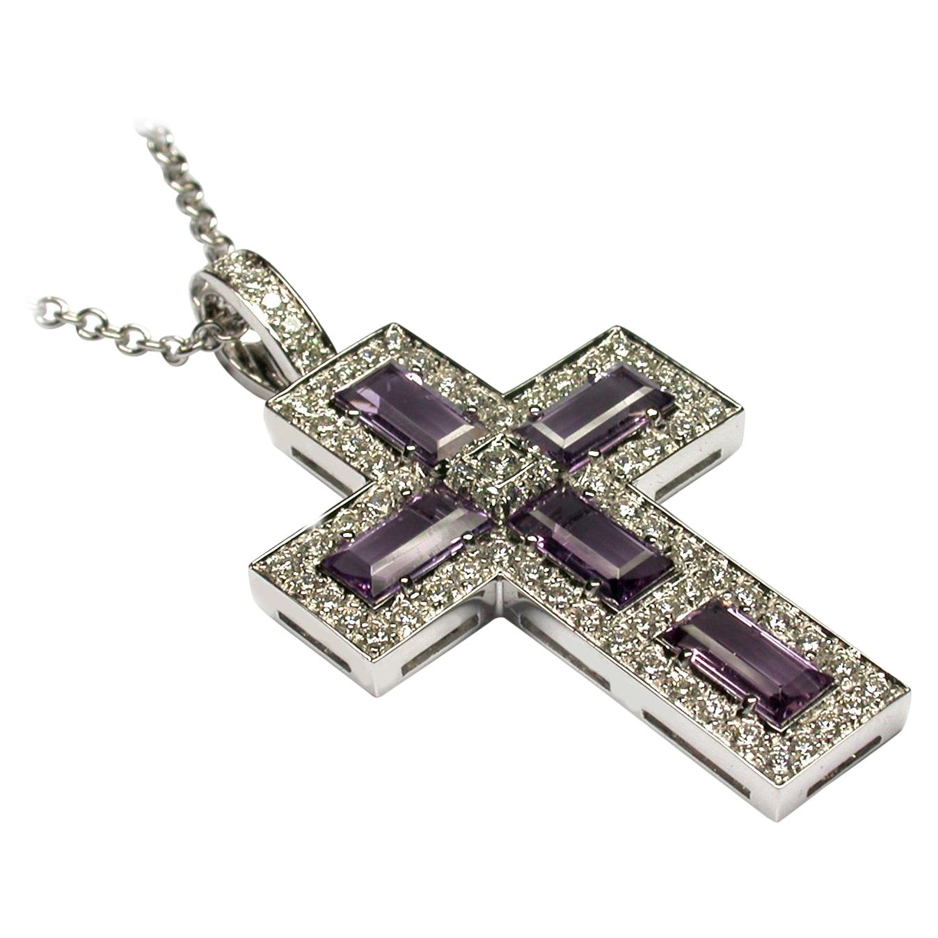 Amethyst Baguettes and Diamonds White Gold Cross Made in Italy For Sale