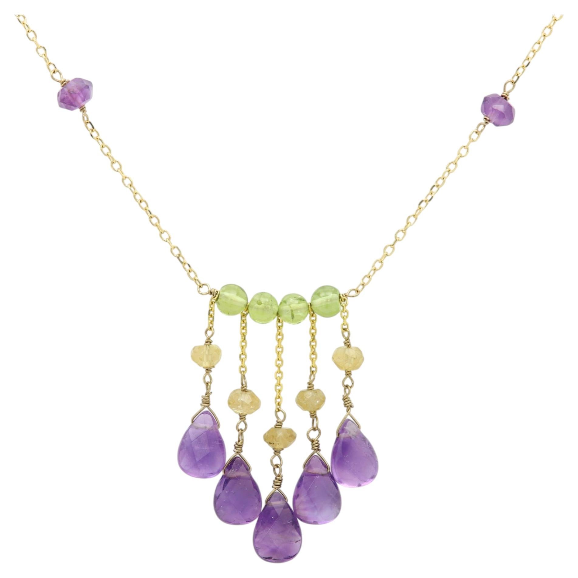 Amethyst Bead Necklace 14k Yellow Gold Dangle Purple Gems #001