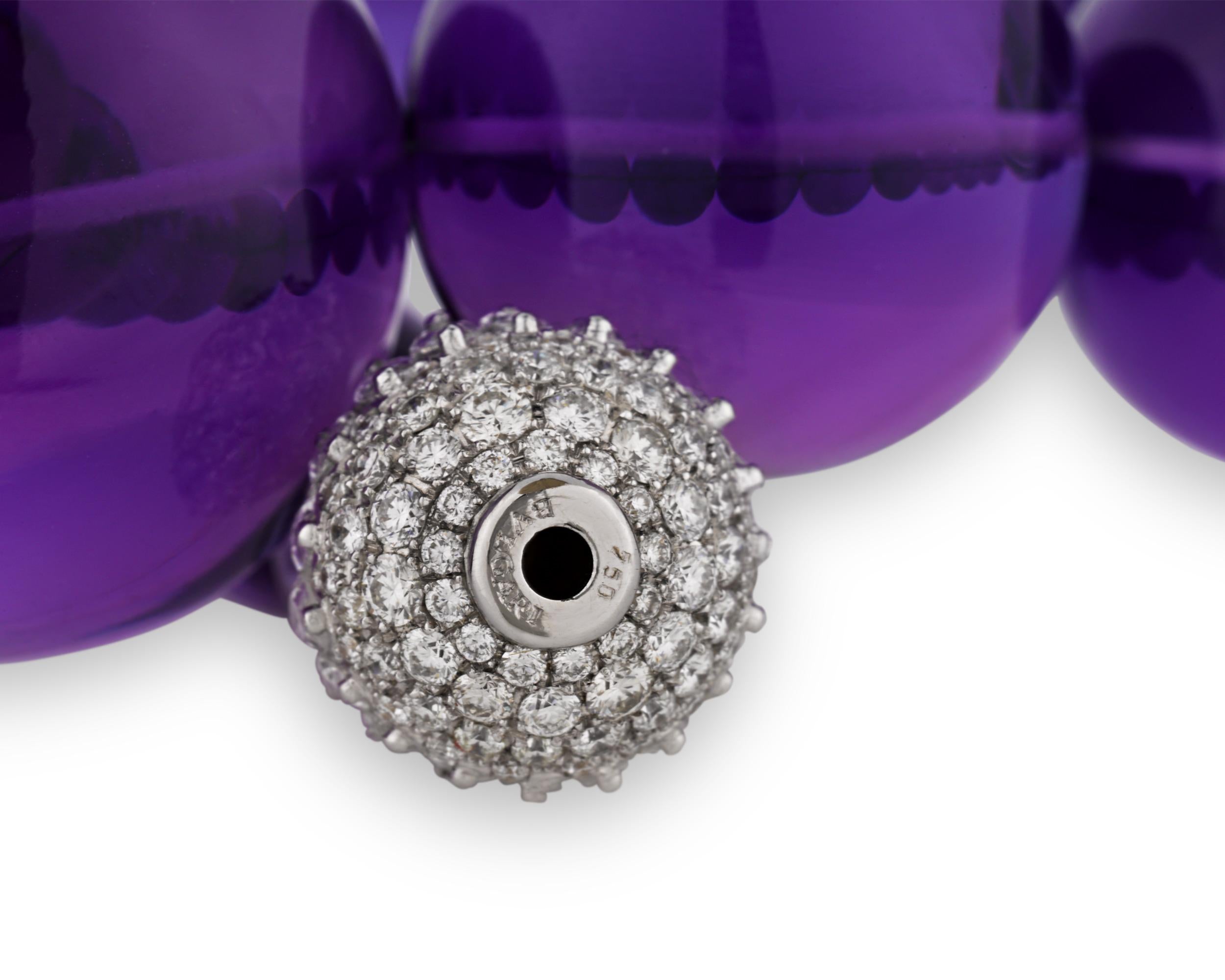 Thirty-one luscious amethyst beads comprise this remarkable Bulgari necklace. Displaying an enviable violet hue, the beads possess a beautiful symmetry and high polish that shows their color to best effect. Additionally, a diamond clasp provides