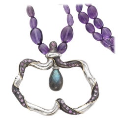 Sorab & Roshi Amethyst Bead Necklace with a scalloped Silver Pendent Dangle