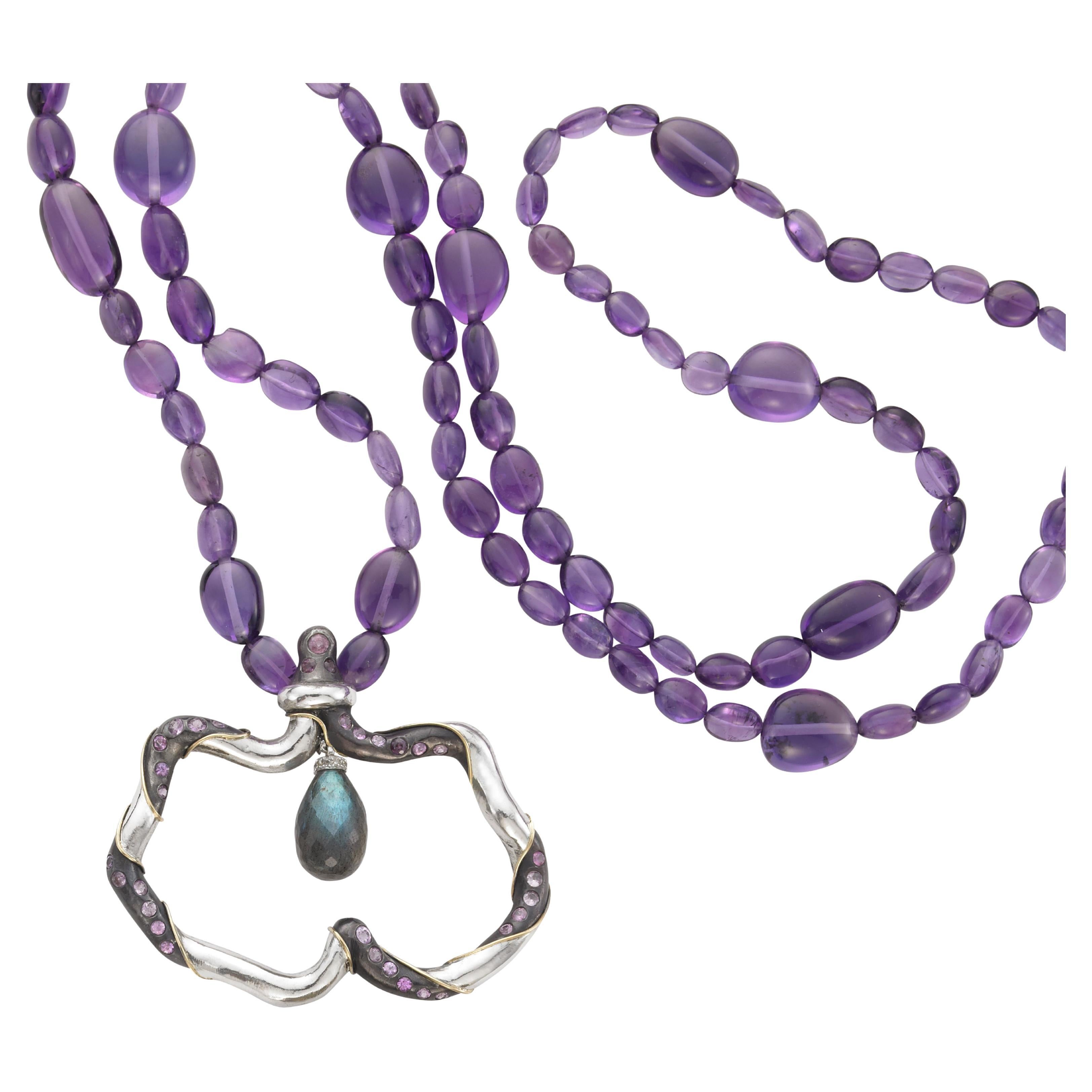 Sorab & Roshi Amethyst Bead Necklace with a scalloped Silver Pendent Dangle For Sale