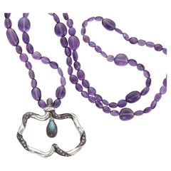 Sorab & Roshi Amethyst Bead Necklace with a scalloped Silver Pendent Dangle