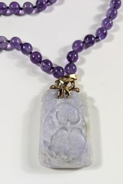 Amethyst Bead Necklace with Jade, Yellow Gold and Diamond Pendant