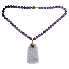 Amethyst Bead Necklace with Jade, Yellow Gold and Diamond Pendant
