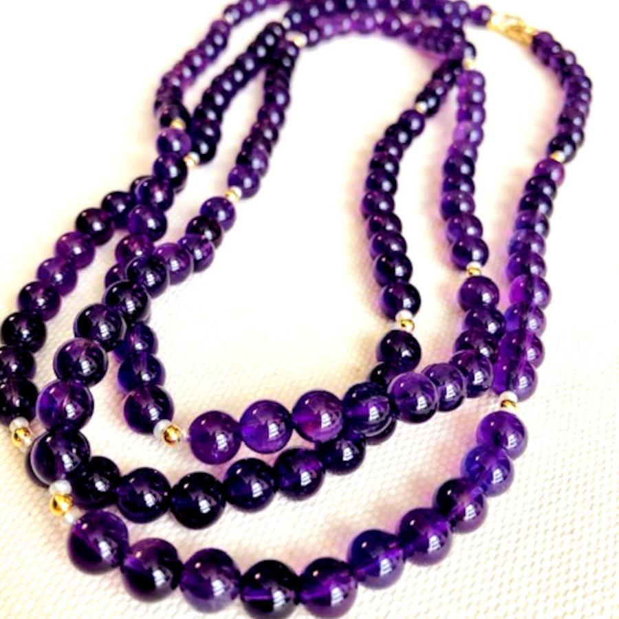 Amethyst Bead & Pearl Rope Necklace, Yellow Gold Clasp 3