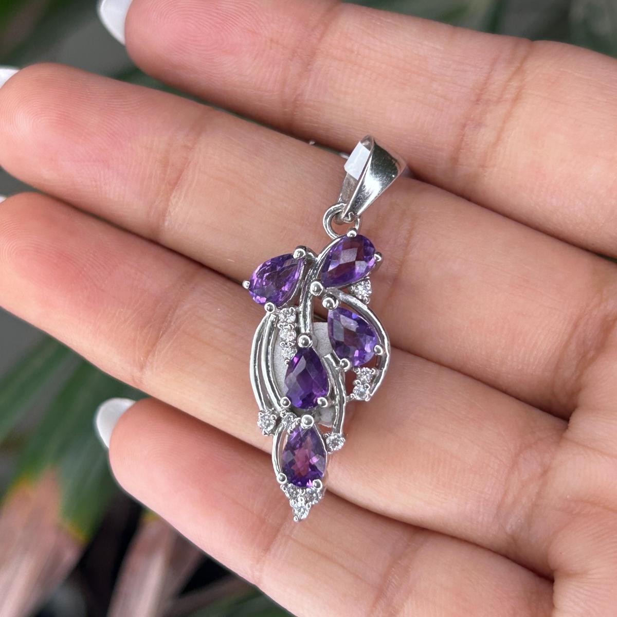 Pear Cut Amethyst Birthstone Cluster Pendant for Mother's Day Gift in 925 Silver For Sale