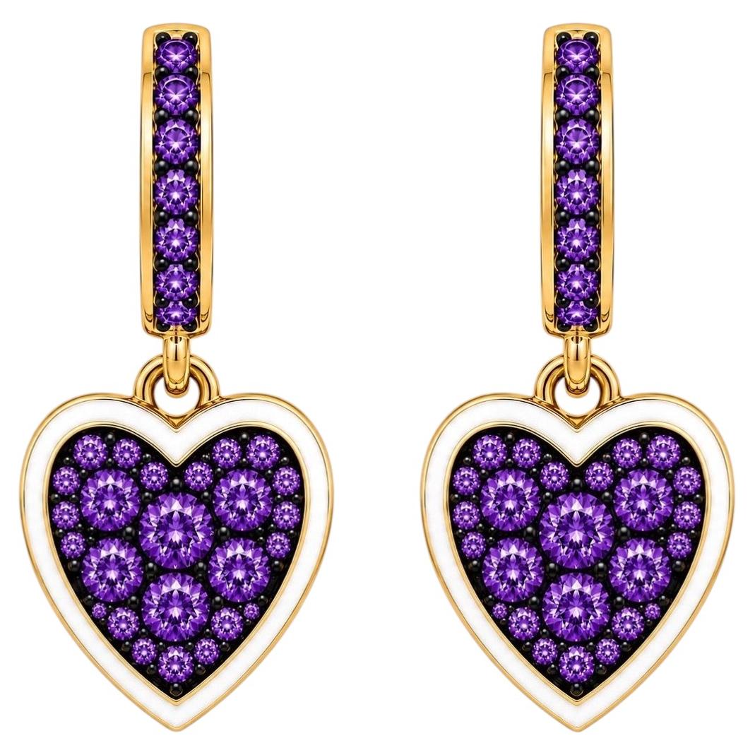 Amethyst Birthstone Heart Drop Earrings White Enamel 14K Gold by Meghna Jewels
