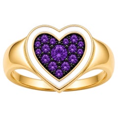 Amethyst Birthstone Heart Ring White Enamel 14K Gold by Meghna Jewels