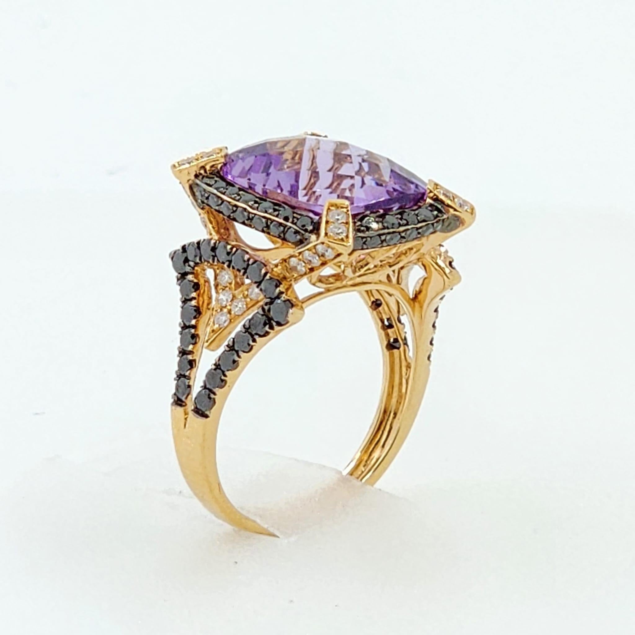 Contemporary 6.18Ct Amethyst Black Diamond Cocktail Ring in 18 Karat Rose Gold