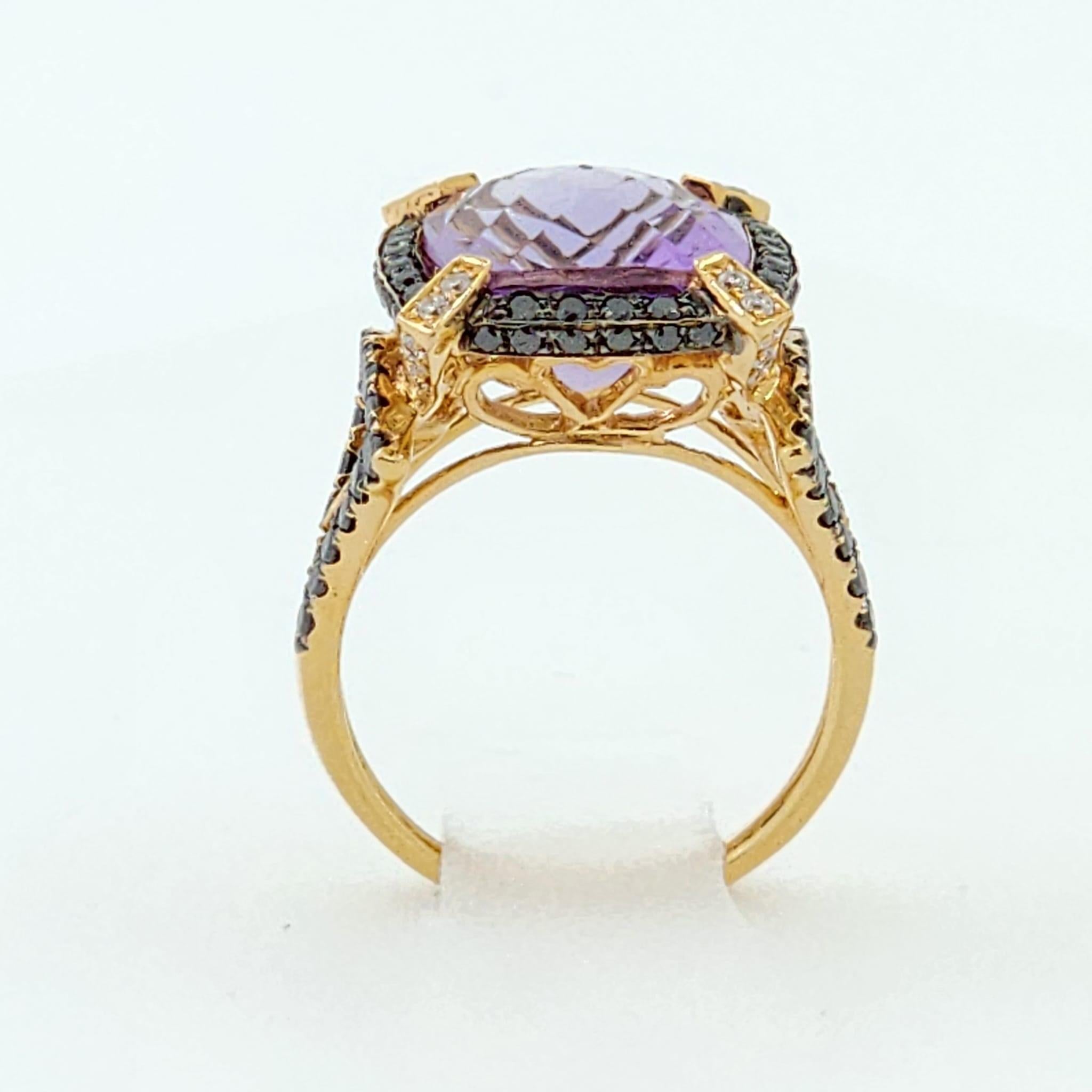 Cushion Cut 6.18Ct Amethyst Black Diamond Cocktail Ring in 18 Karat Rose Gold