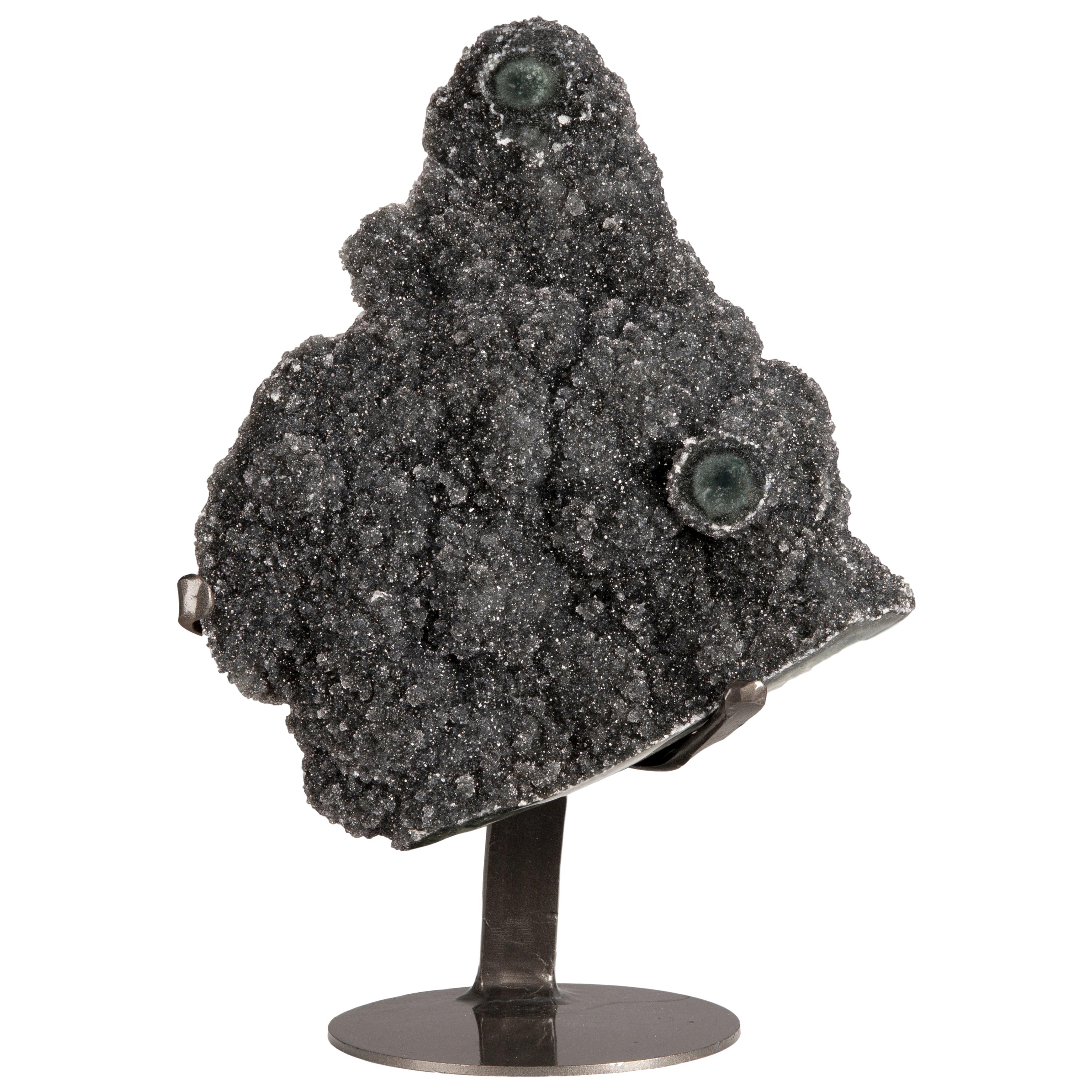 Amethyst Black Druze Quartz or “Black Galaxy Amethyst” on Metal Stand Decor For Sale