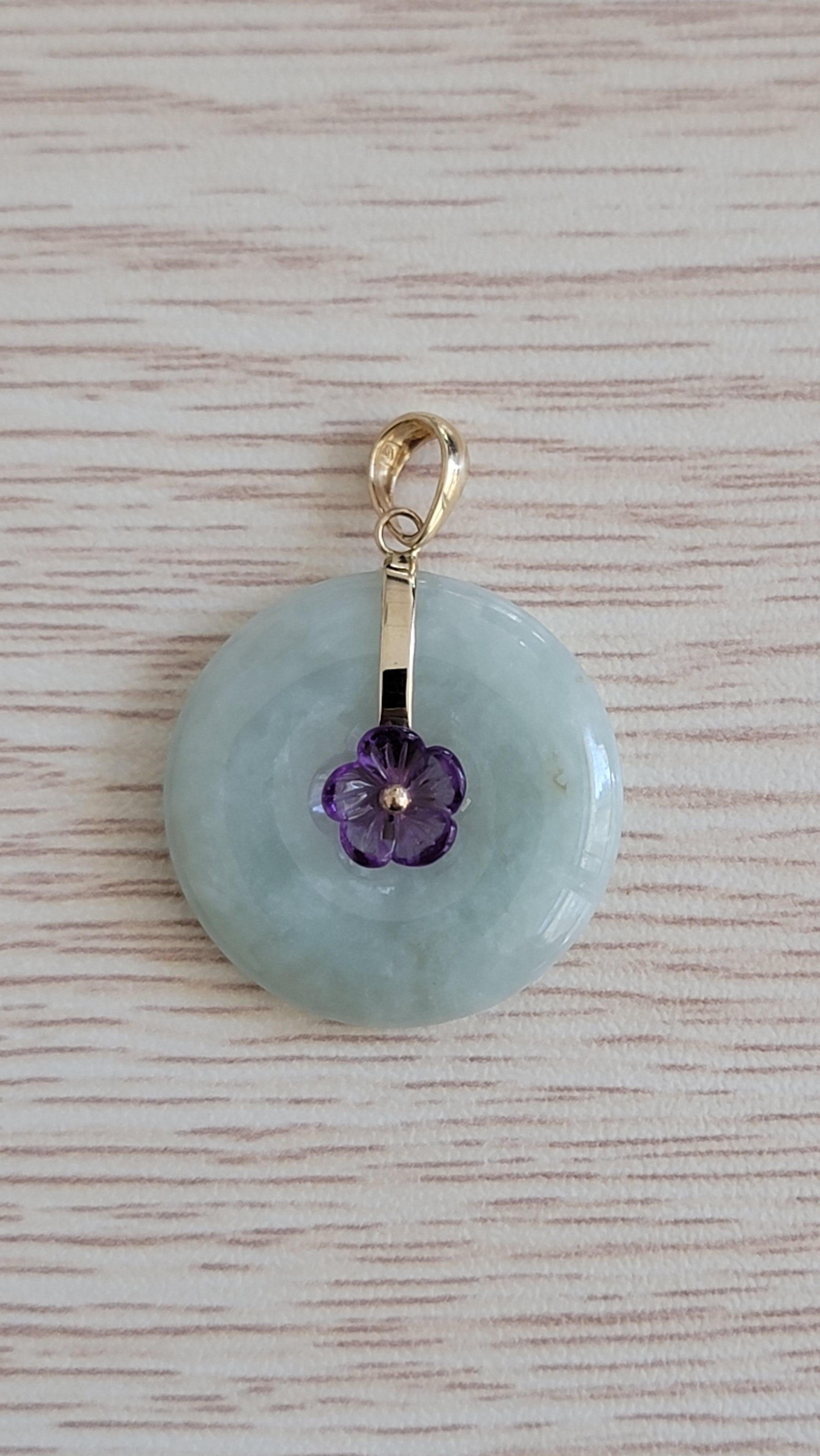 Cabochon Amethyst Blooming Flower Burmese A-Jadeite Pendant with 14K Solid Yellow Gold For Sale