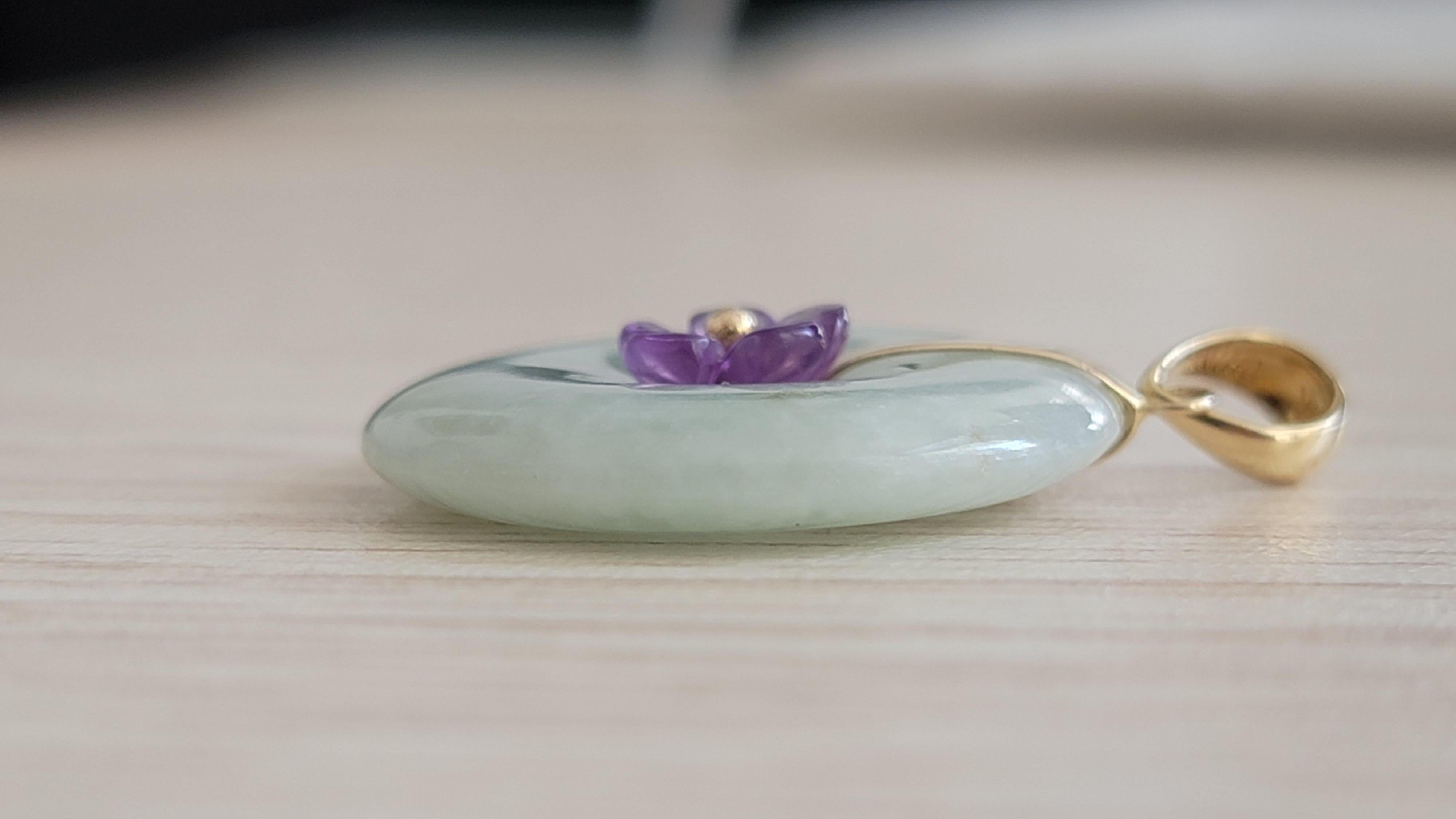Amethyst Blooming Flower Burmese A-Jadeite Pendant with 14K Solid Yellow Gold In New Condition For Sale In Kowloon, HK