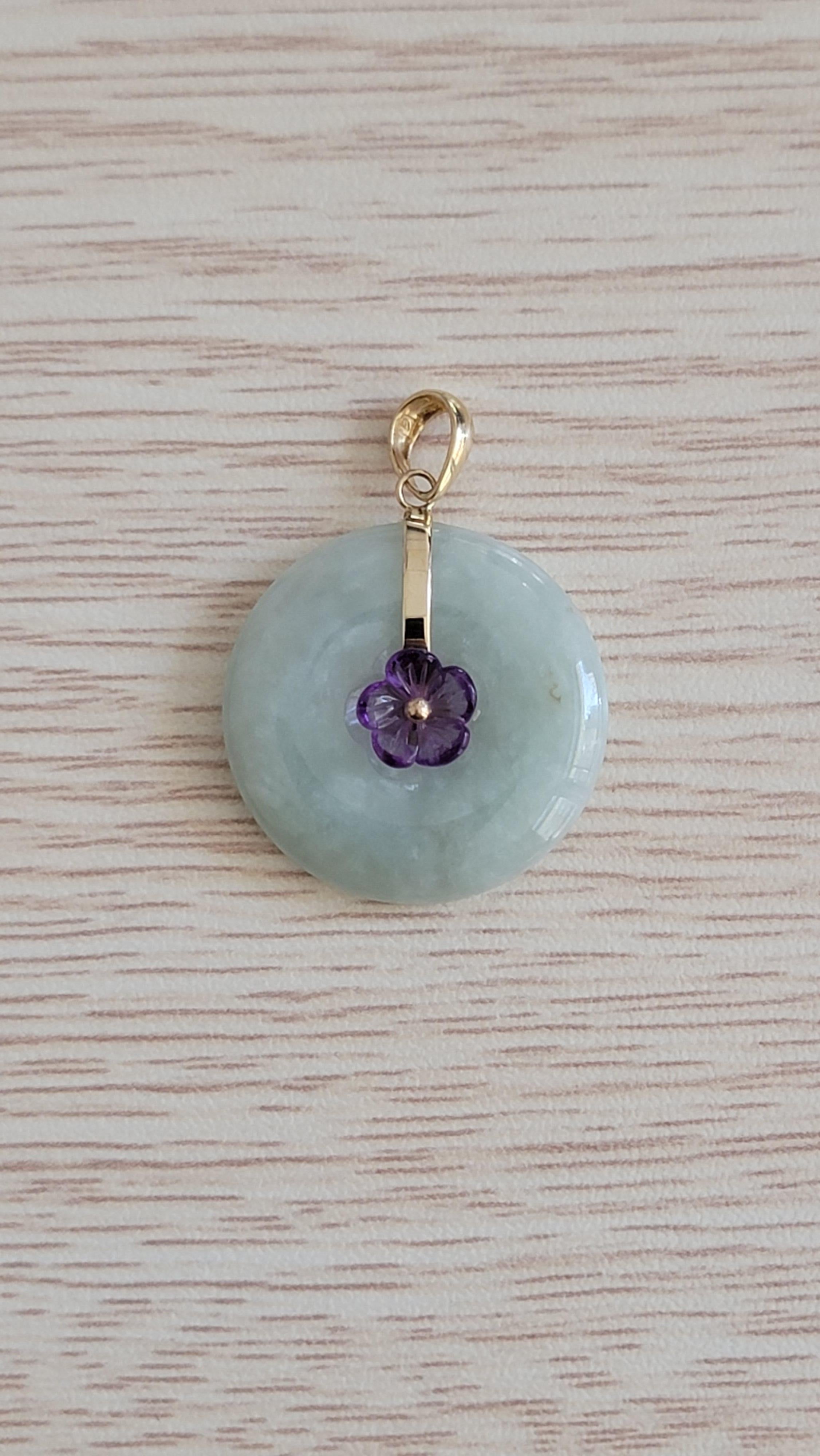 Women's or Men's Amethyst Blooming Flower Burmese A-Jadeite Pendant with 14K Solid Yellow Gold For Sale