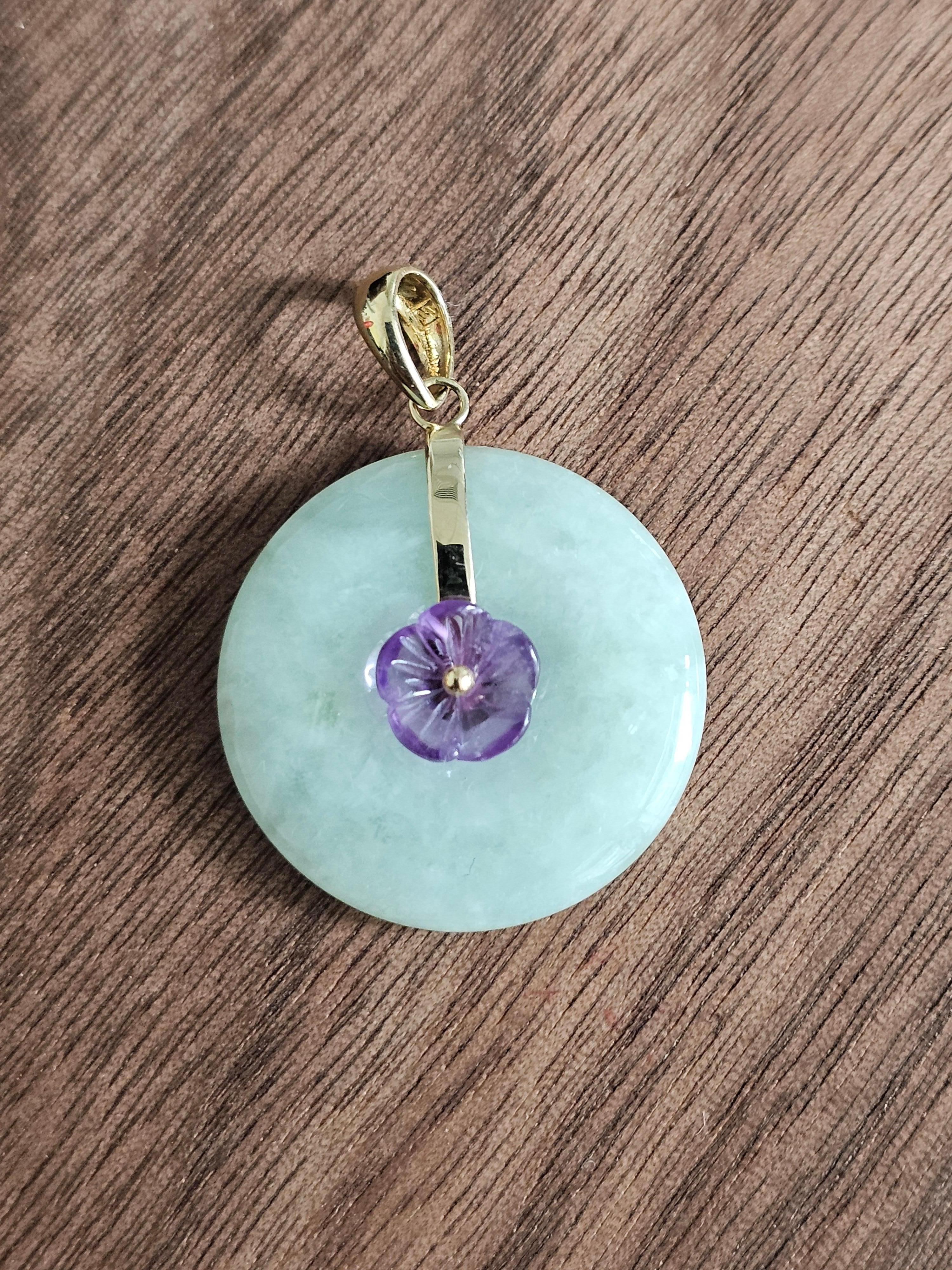 Amethyst Blooming Flower Burmese A-Jadeite Pendant with 14K Solid Yellow Gold For Sale 1