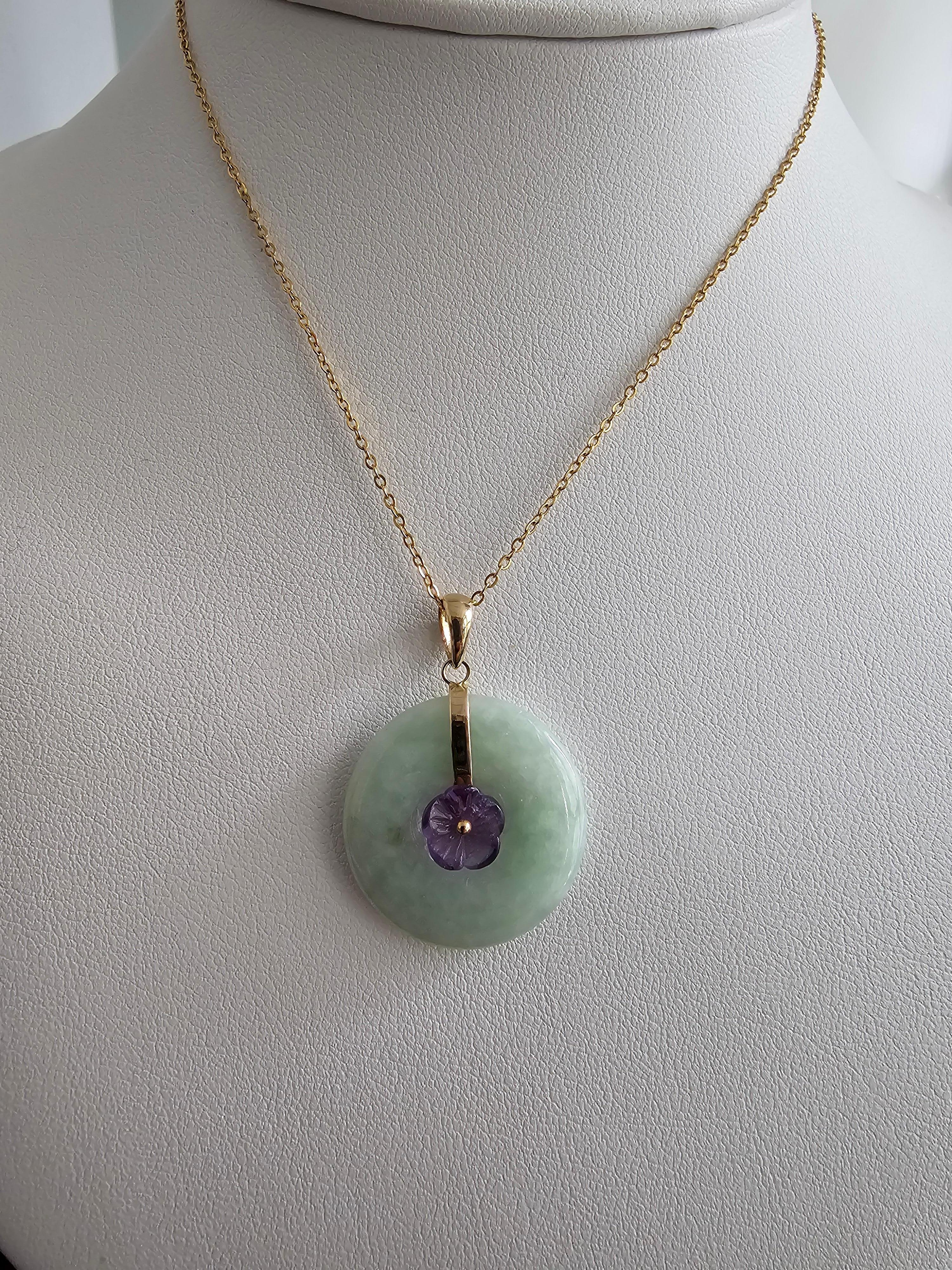 Amethyst Blooming Flower Burmese A-Jadeite Pendant with 14K Solid Yellow Gold For Sale 3