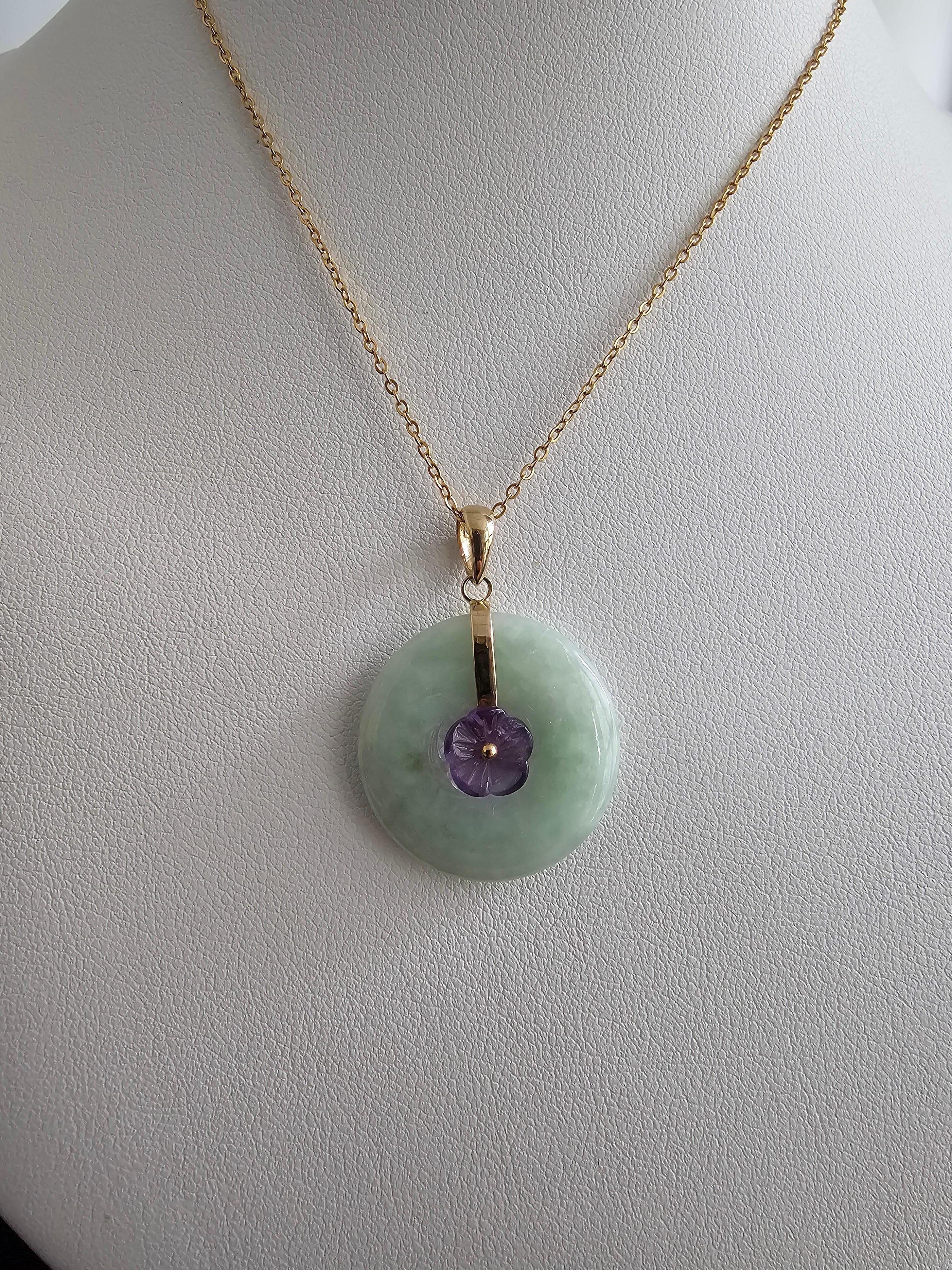 Amethyst Blooming Flower Burmese A-Jadeite Pendant with 14K Solid Yellow Gold For Sale 4