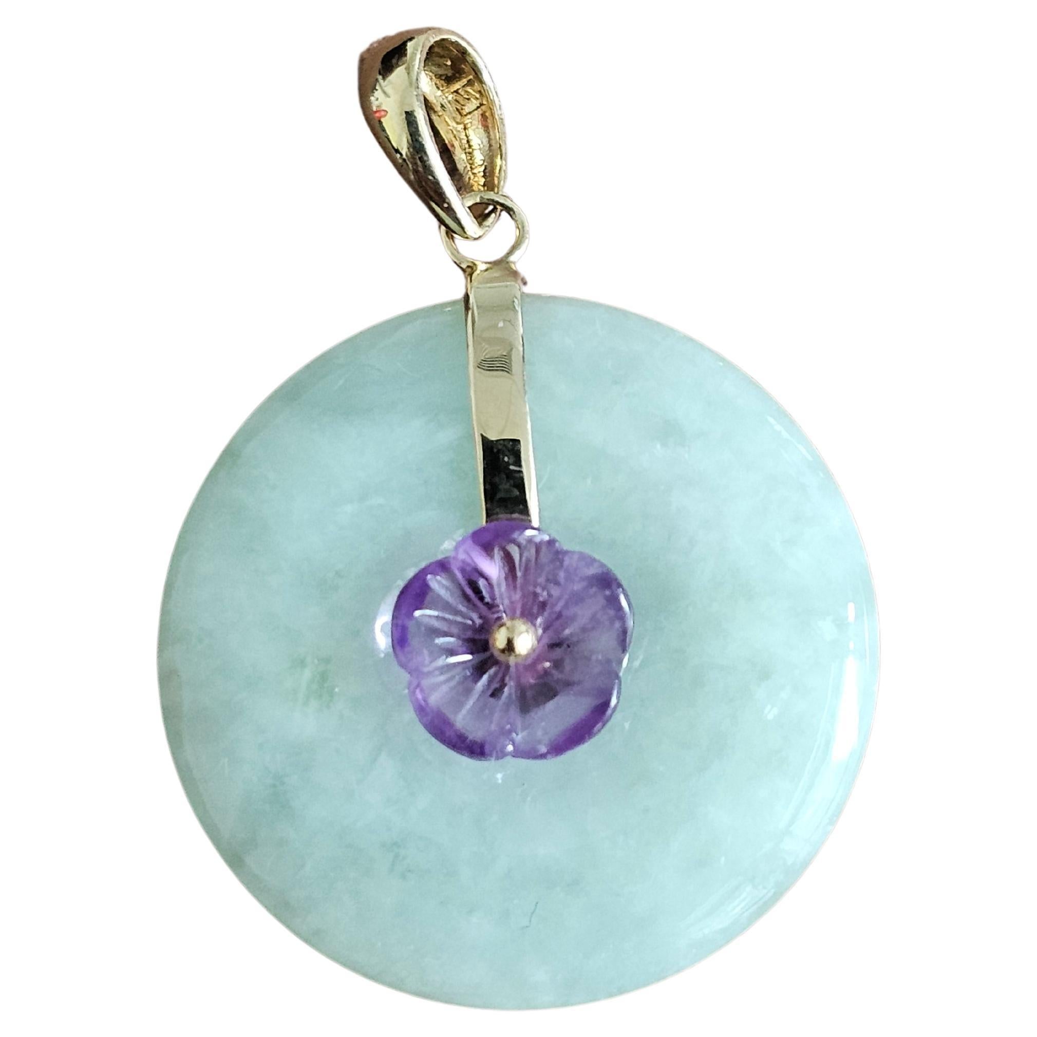 Amethyst Blooming Flower Burmese A-Jadeite Pendant with 14K Solid Yellow Gold For Sale