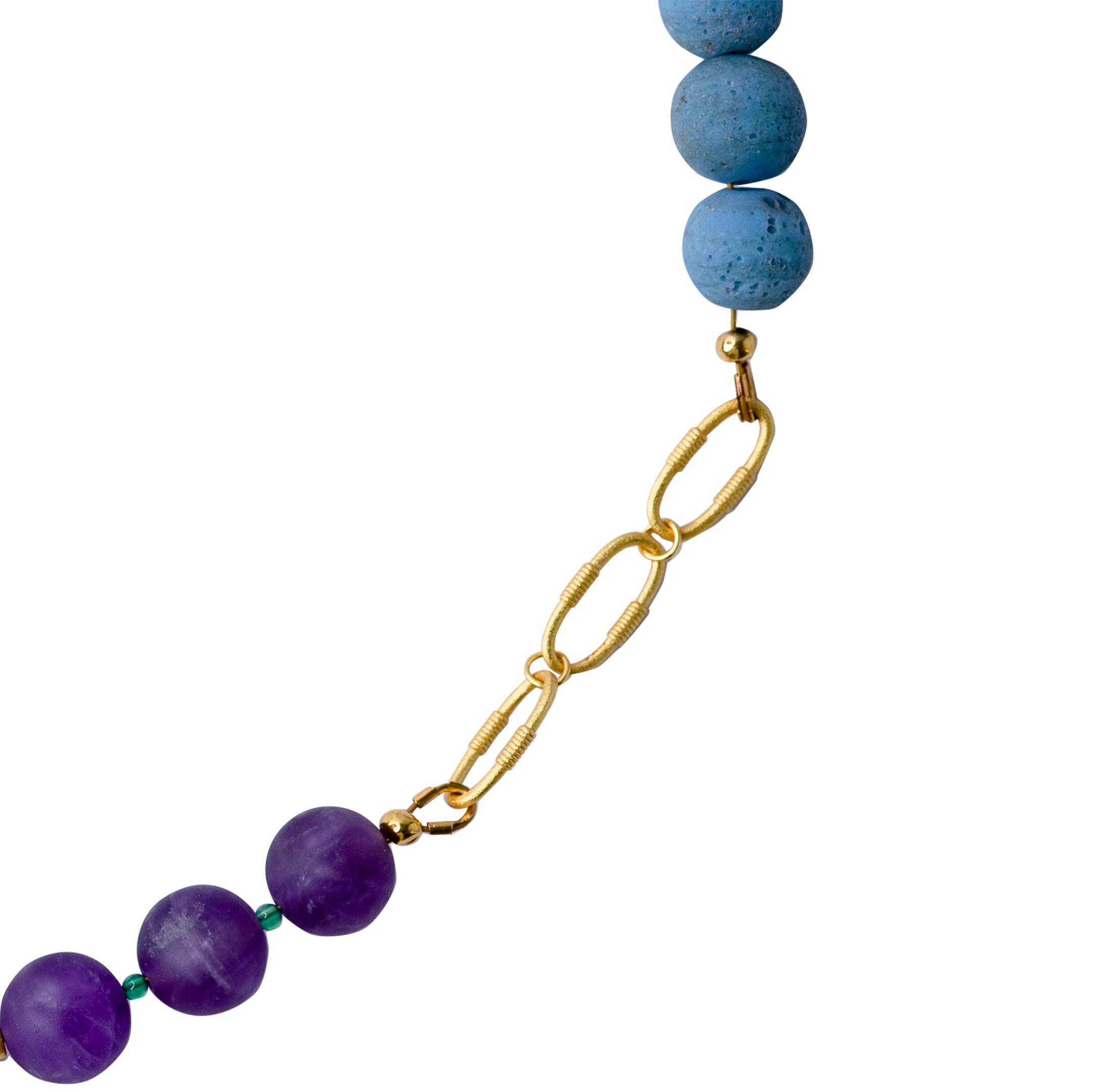 Bead Amethyst & Blue Ceramic Gold Chain Necklace -by Bombyx House For Sale