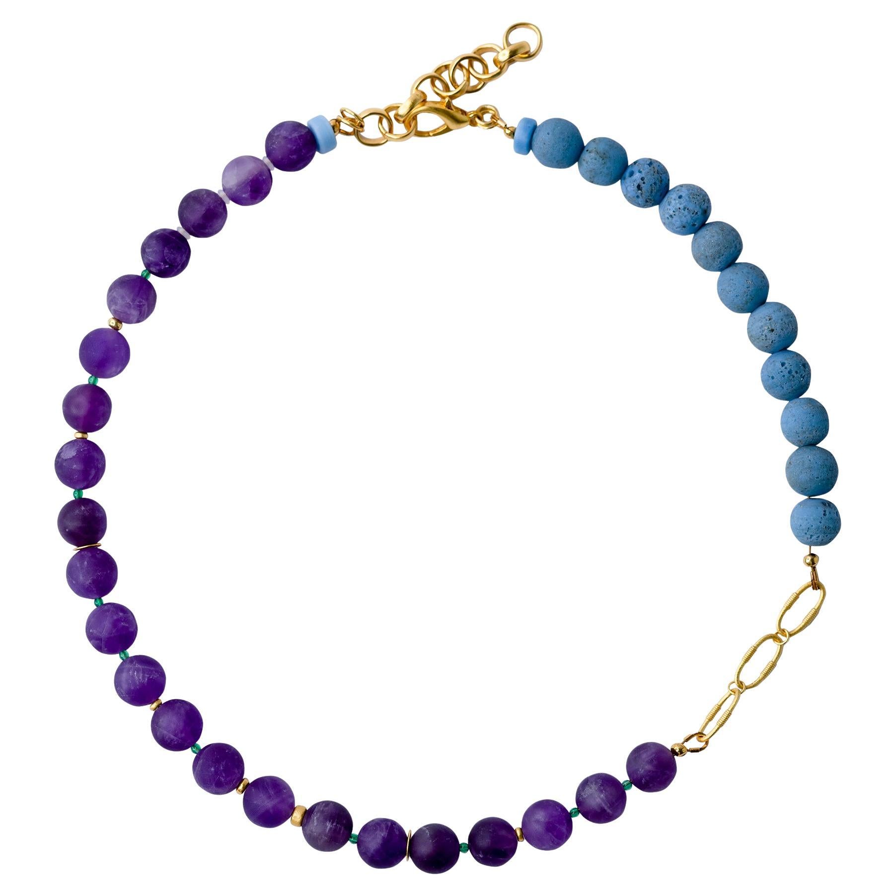 Amethyst & Blue Ceramic Gold Chain Necklace -by Bombyx House For Sale