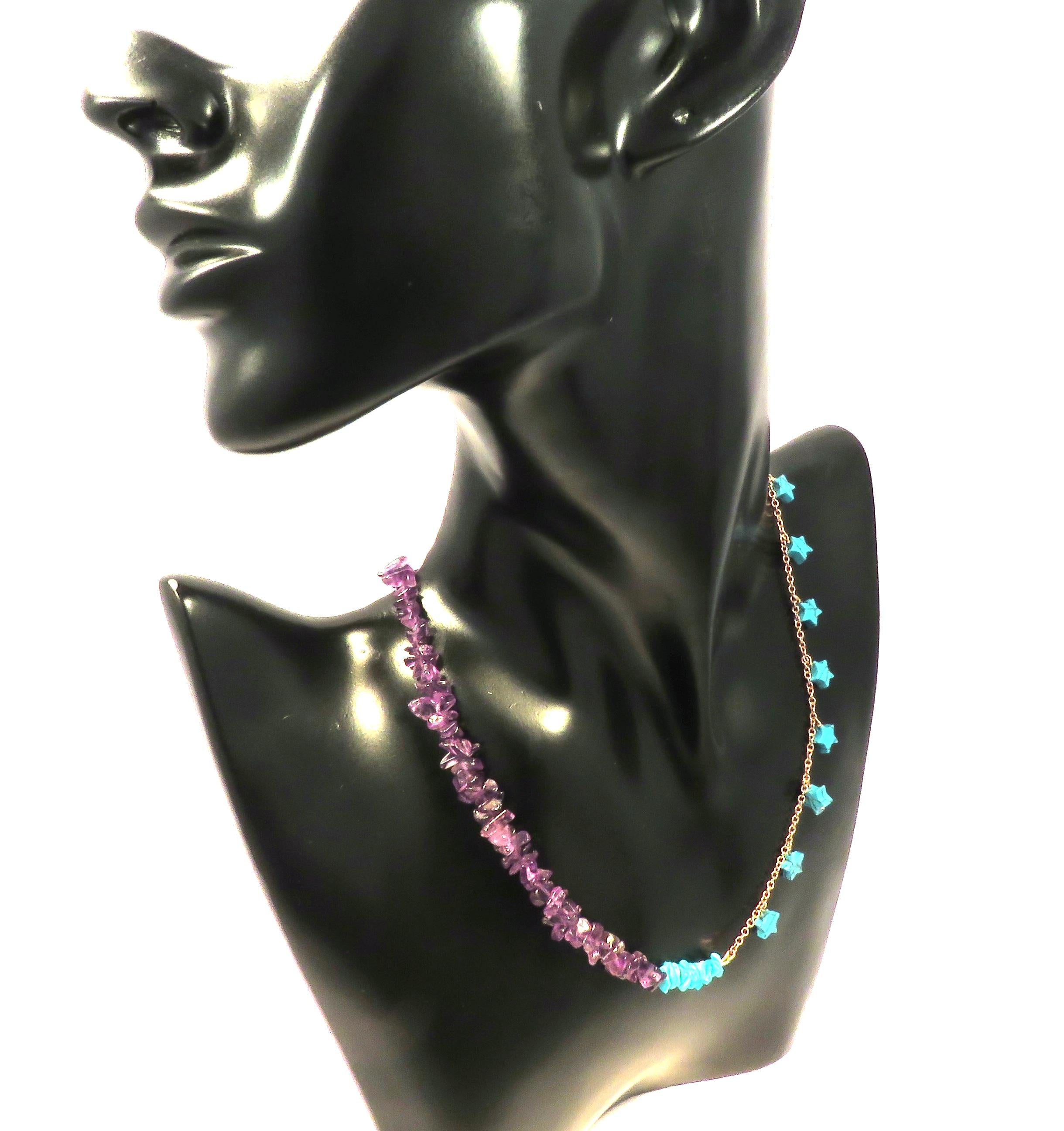 Beautiful necklace which combines the fresh blue of turquoise and the warm purple of amethyst. Genuine star cut turquoise and nugget cut amethyst and turquoise are hand-linked in 9 karat rose gold. The necklace length is adjustable from 400 mm to