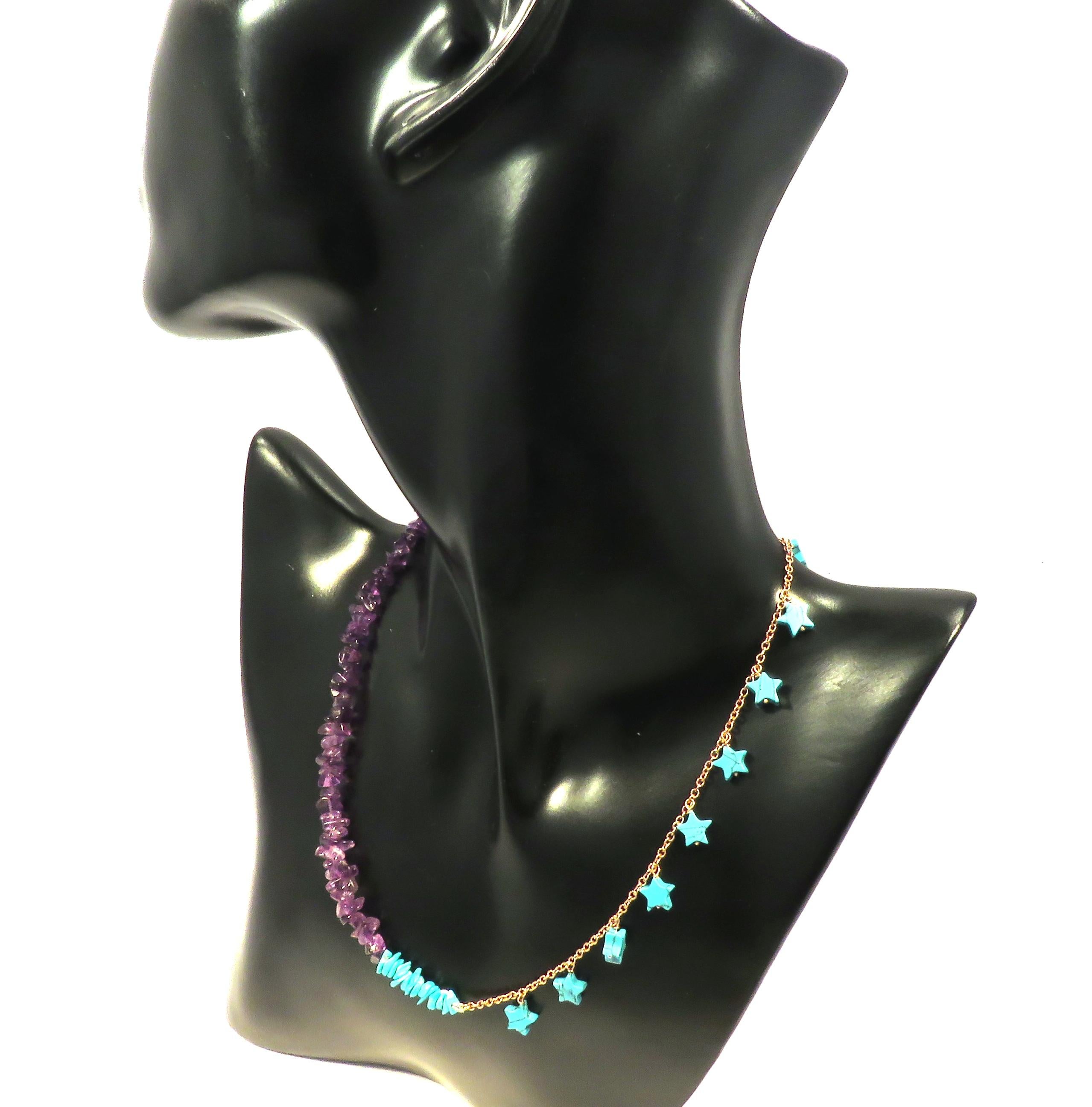 Contemporary Amethyst Blue Natural Turquoise 9 Karat Rose Gold Necklace Handcrafted in Italy