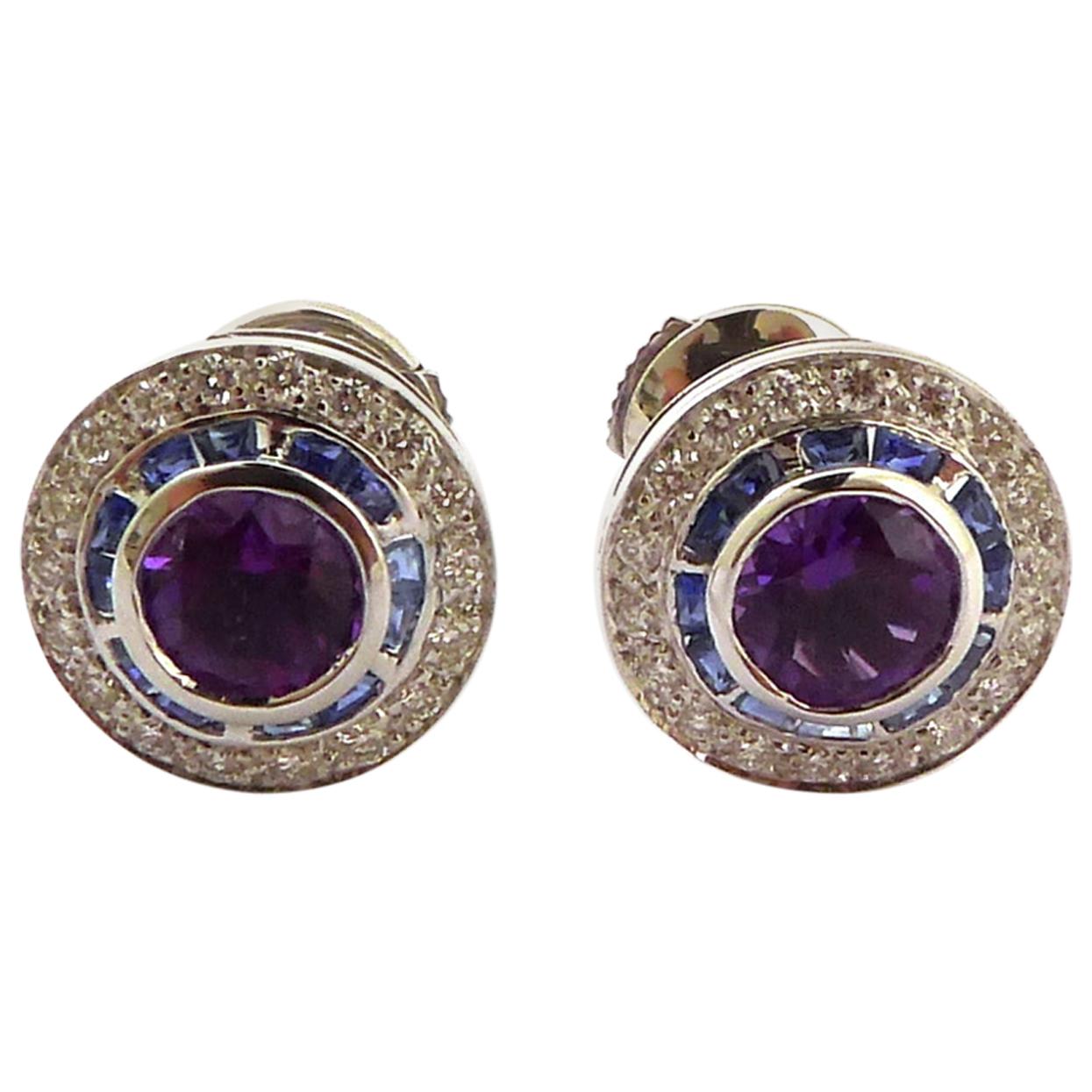Amethyst, Blue Sapphire and Diamond Earrings Mounted in 18 Karat Gold For Sale