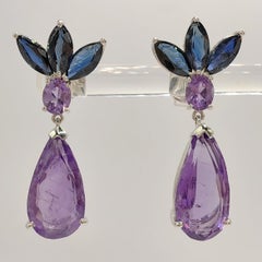 8.00ct Amethyst & 2.85ct Blue Sapphire Dangling Drop Earrings in 18K White Gold