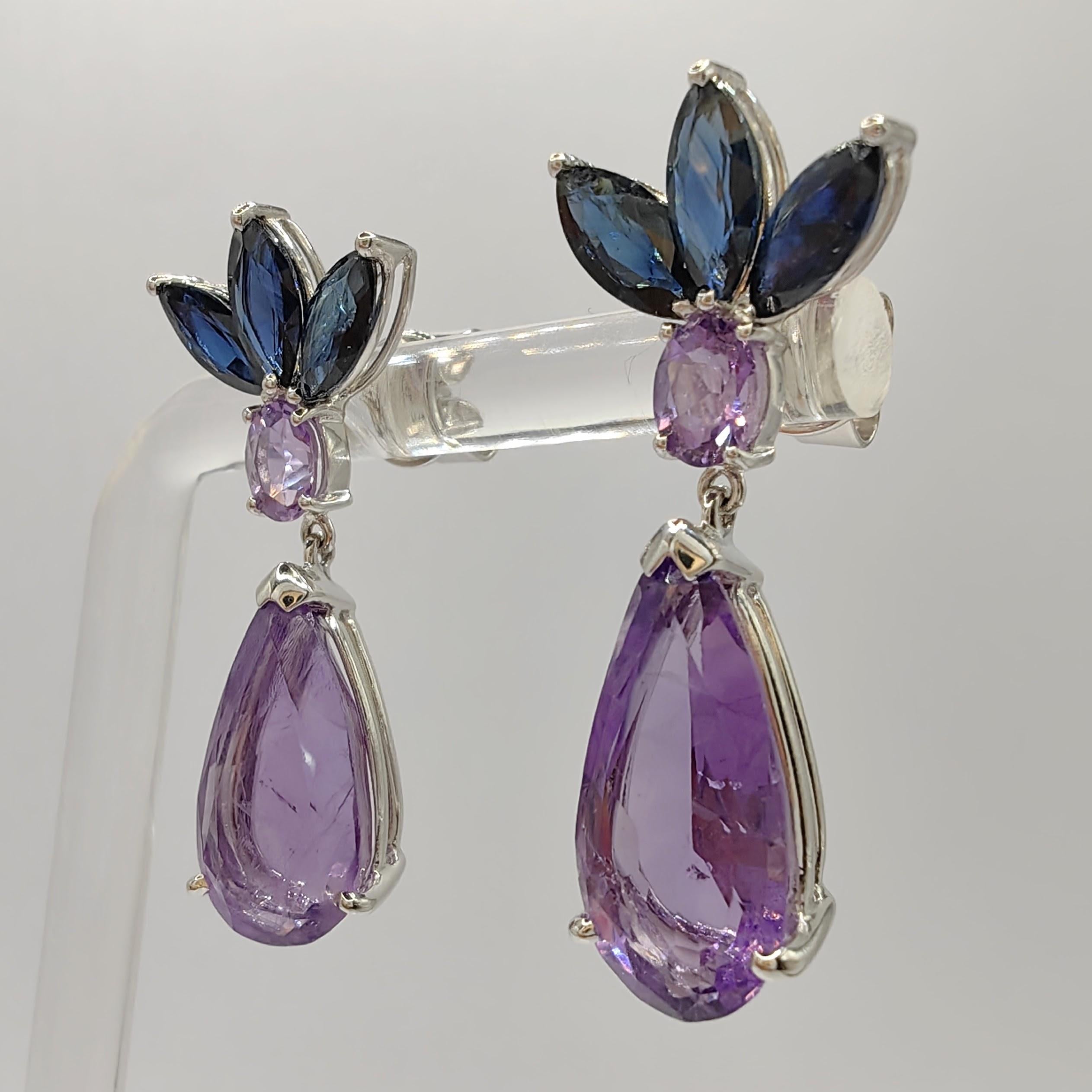 Contemporary 8.00ct Amethyst & 2.85ct Blue Sapphire Dangling Drop Earrings in 18K White Gold For Sale