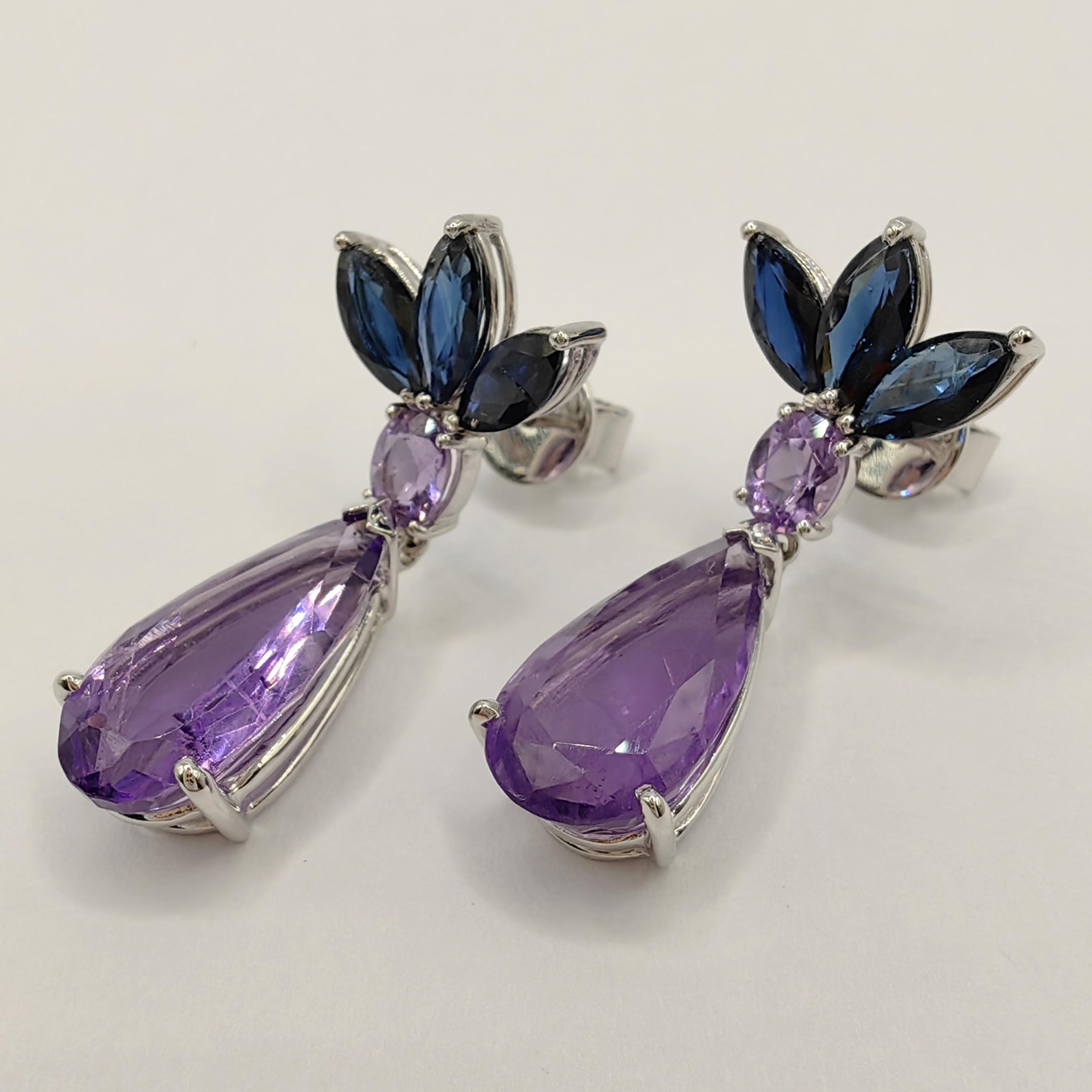 8.00ct Amethyst & 2.85ct Blue Sapphire Dangling Drop Earrings in 18K White Gold In New Condition For Sale In Wan Chai District, HK