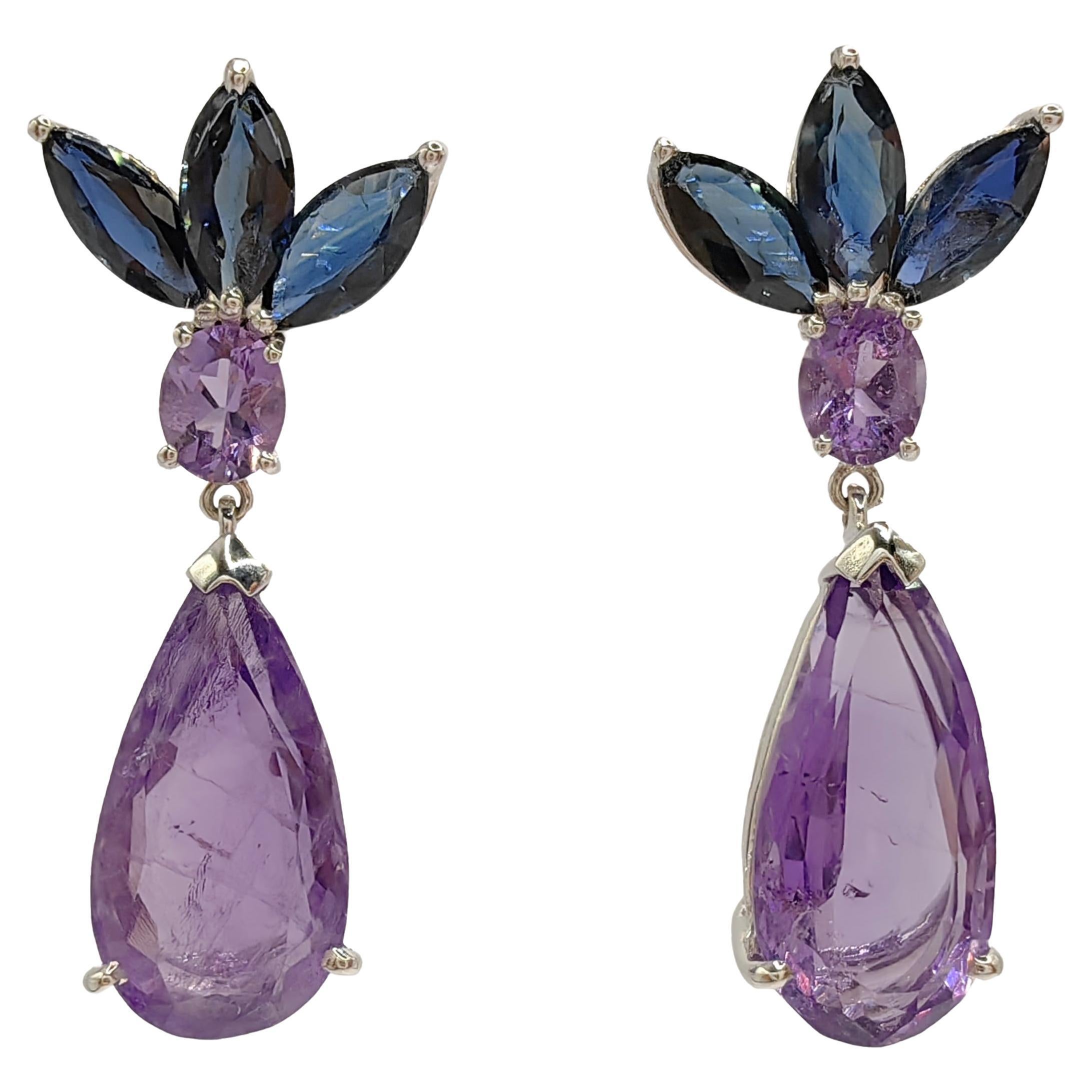 8.00ct Amethyst & 2.85ct Blue Sapphire Dangling Drop Earrings in 18K White Gold For Sale