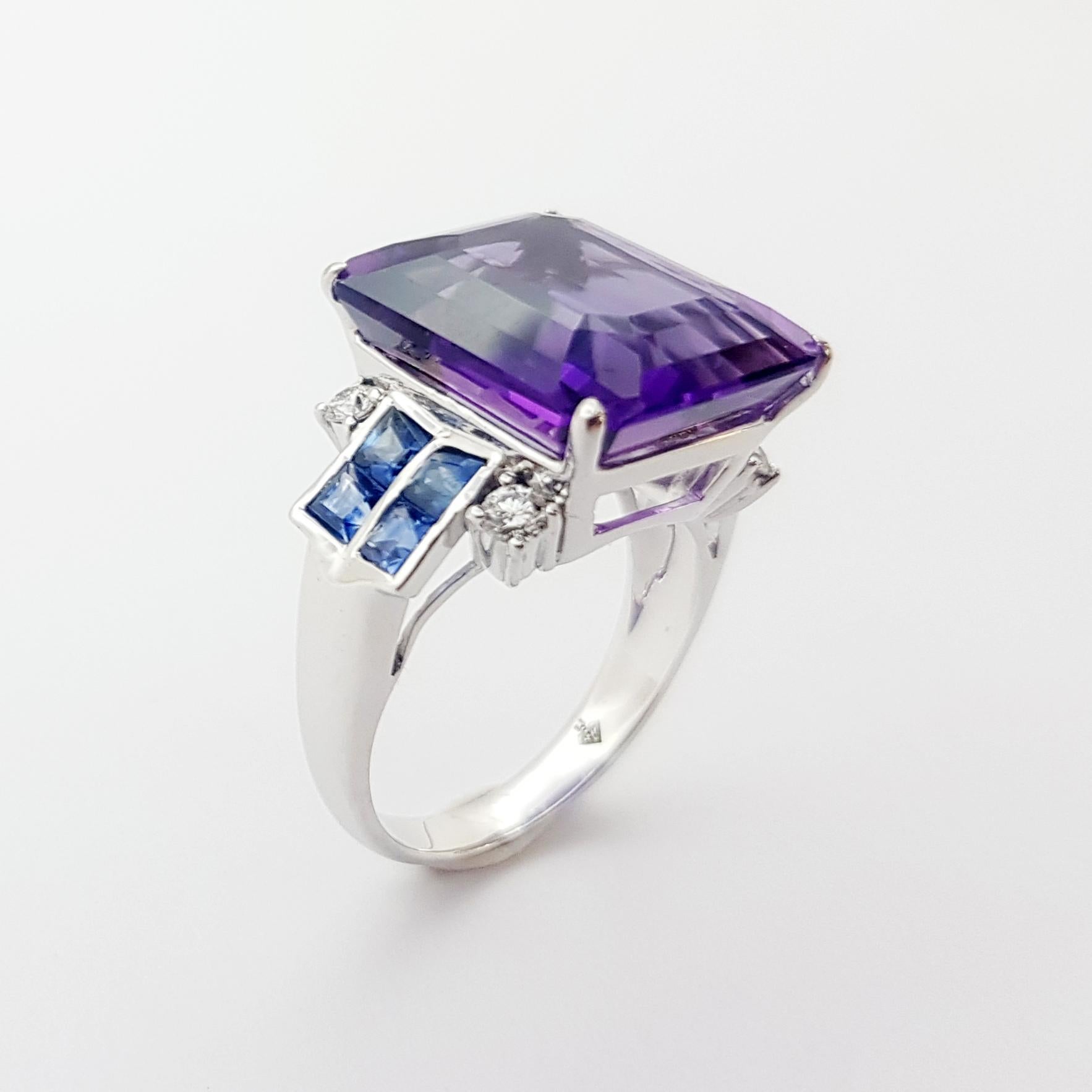 Amethyst, Blue Sapphire with Diamond Ring set in 14K White Gold Settings For Sale 4