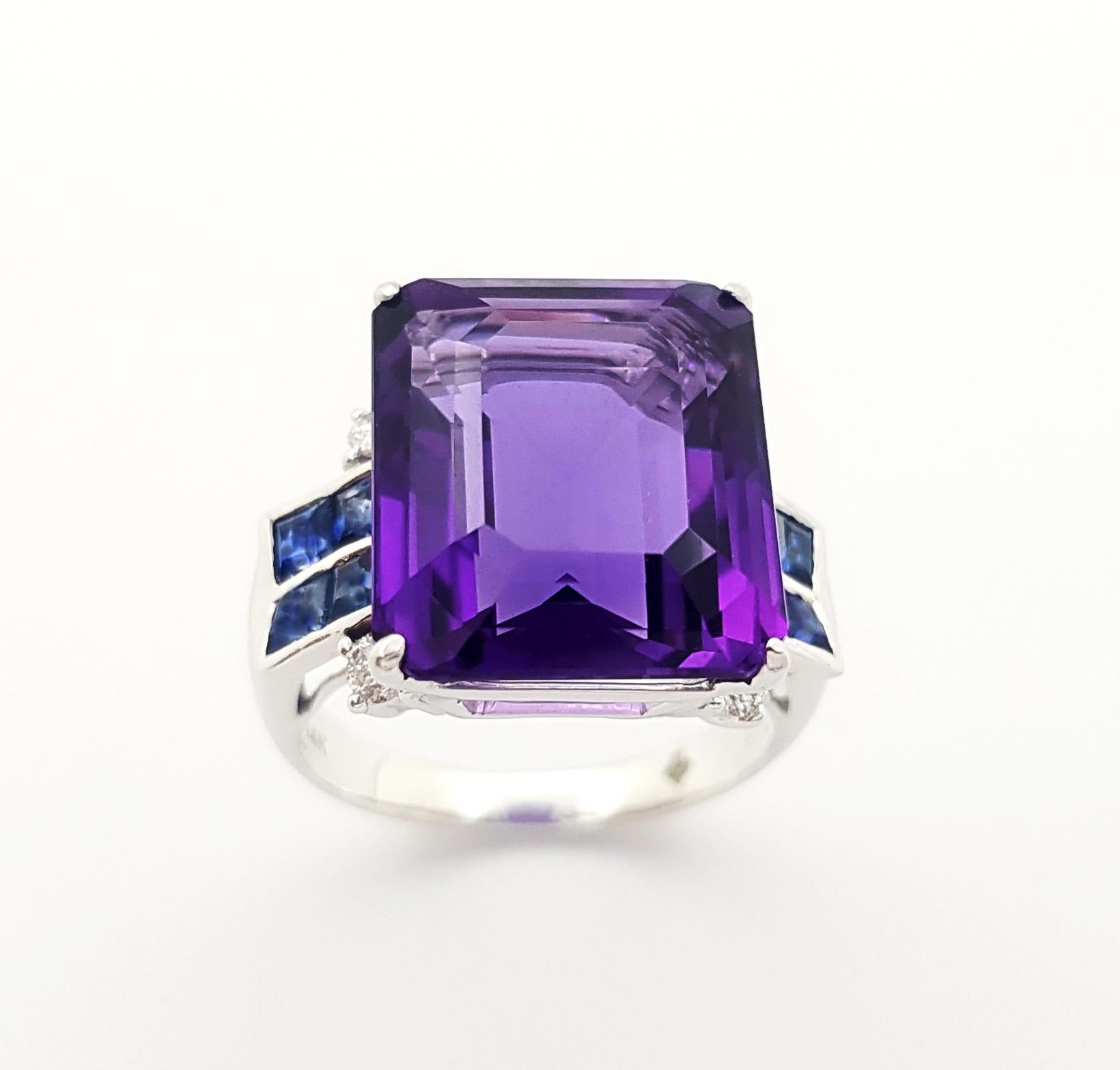 Amethyst, Blue Sapphire with Diamond Ring set in 14K White Gold Settings For Sale 5