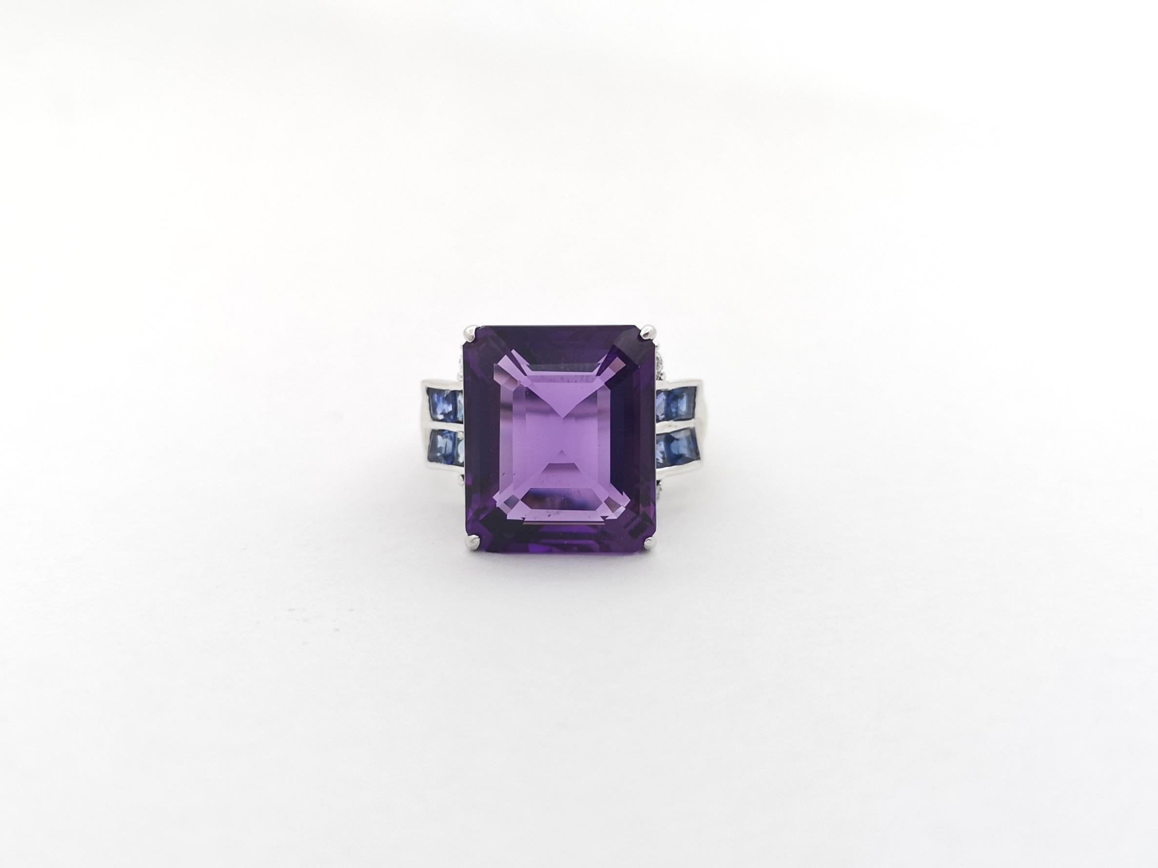 Amethyst, Blue Sapphire with Diamond Ring set in 14K White Gold Settings For Sale 6