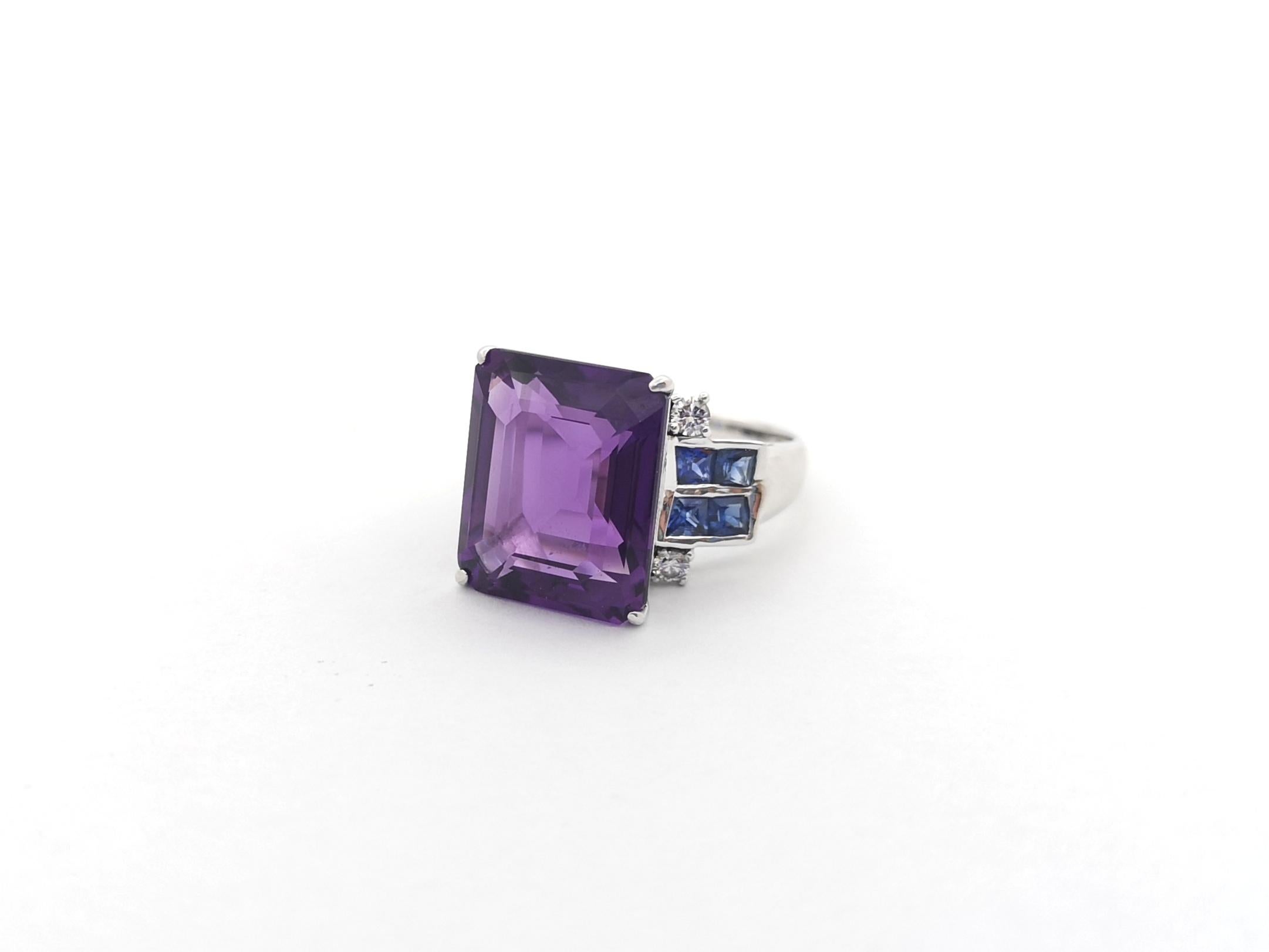 Amethyst, Blue Sapphire with Diamond Ring set in 14K White Gold Settings For Sale 7
