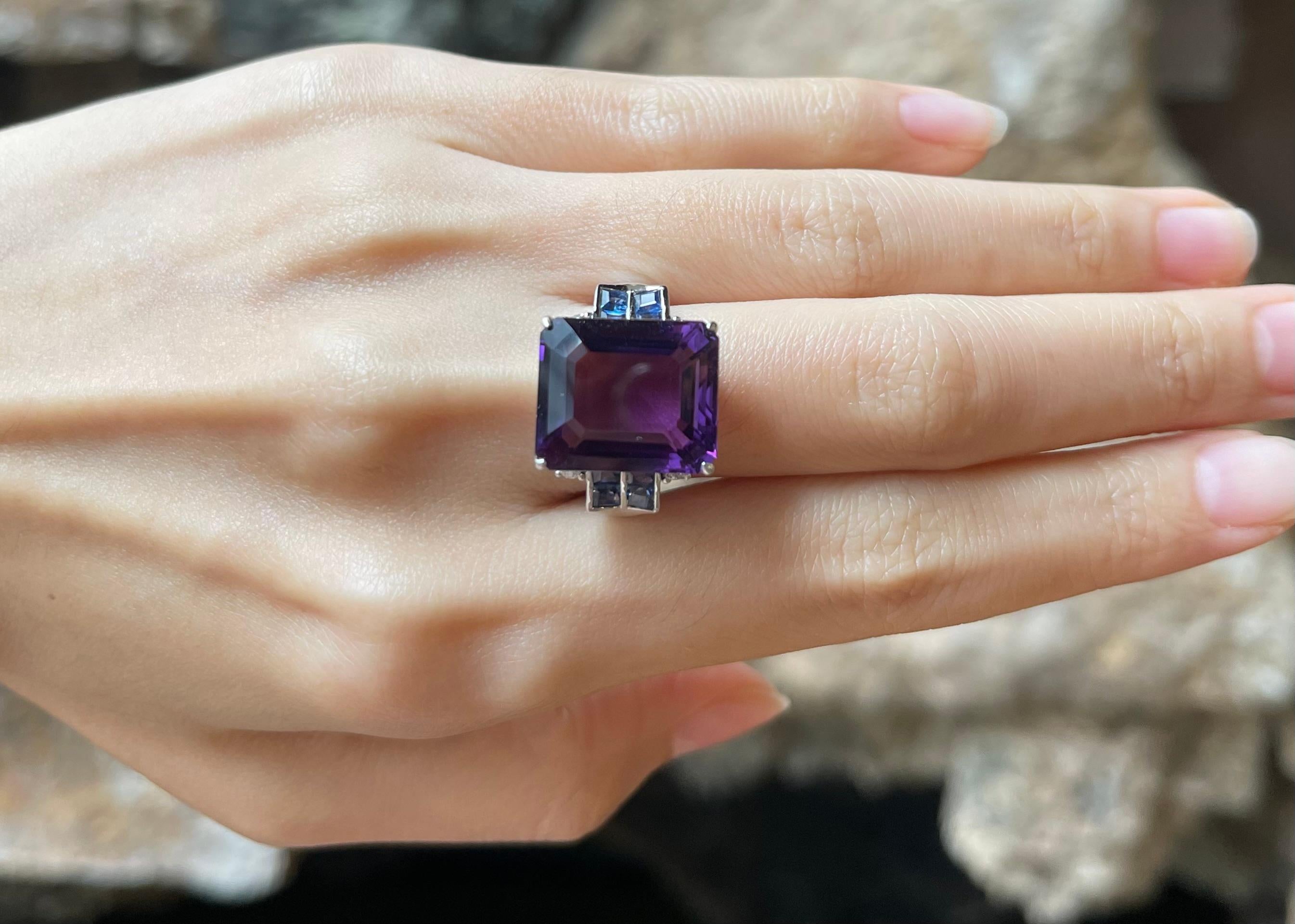 Contemporary Amethyst, Blue Sapphire with Diamond Ring set in 14K White Gold Settings For Sale