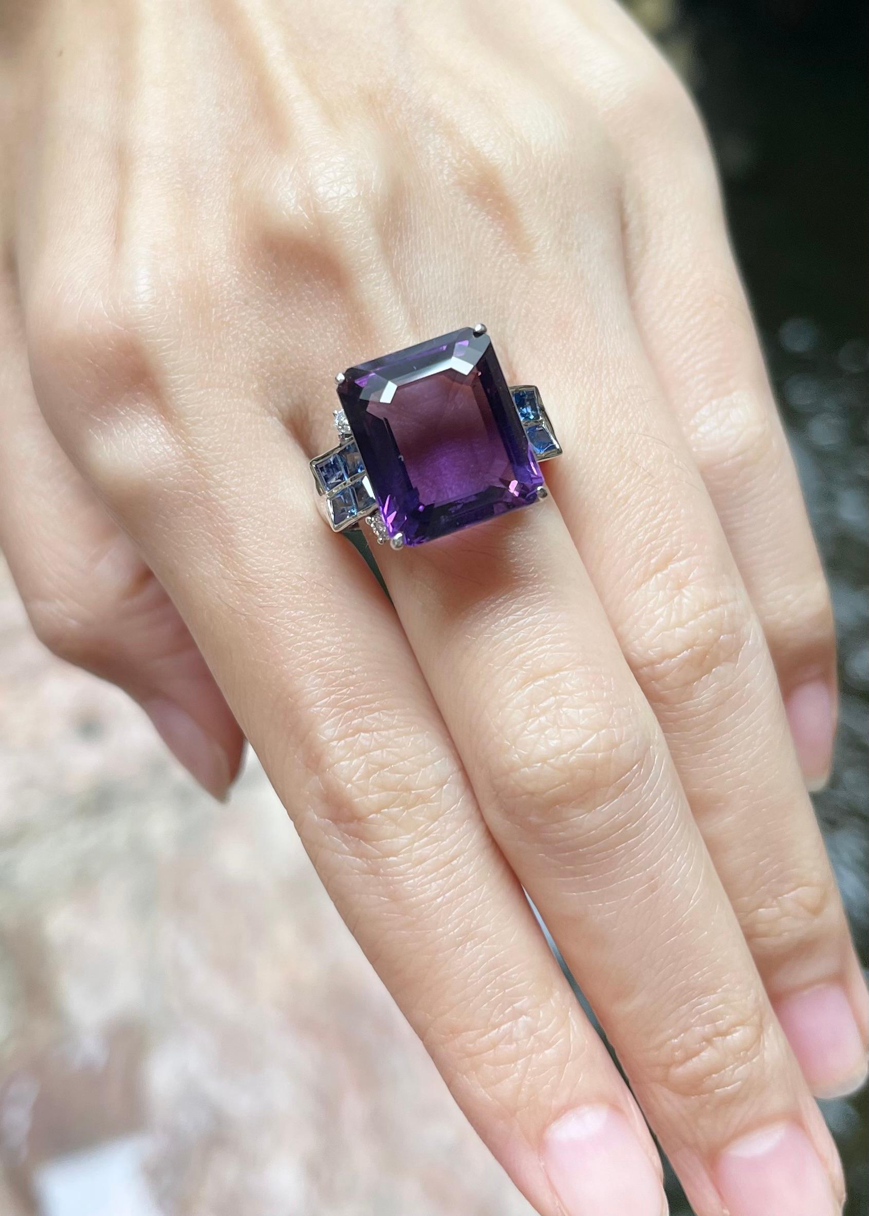 Emerald Cut Amethyst, Blue Sapphire with Diamond Ring set in 14K White Gold Settings For Sale
