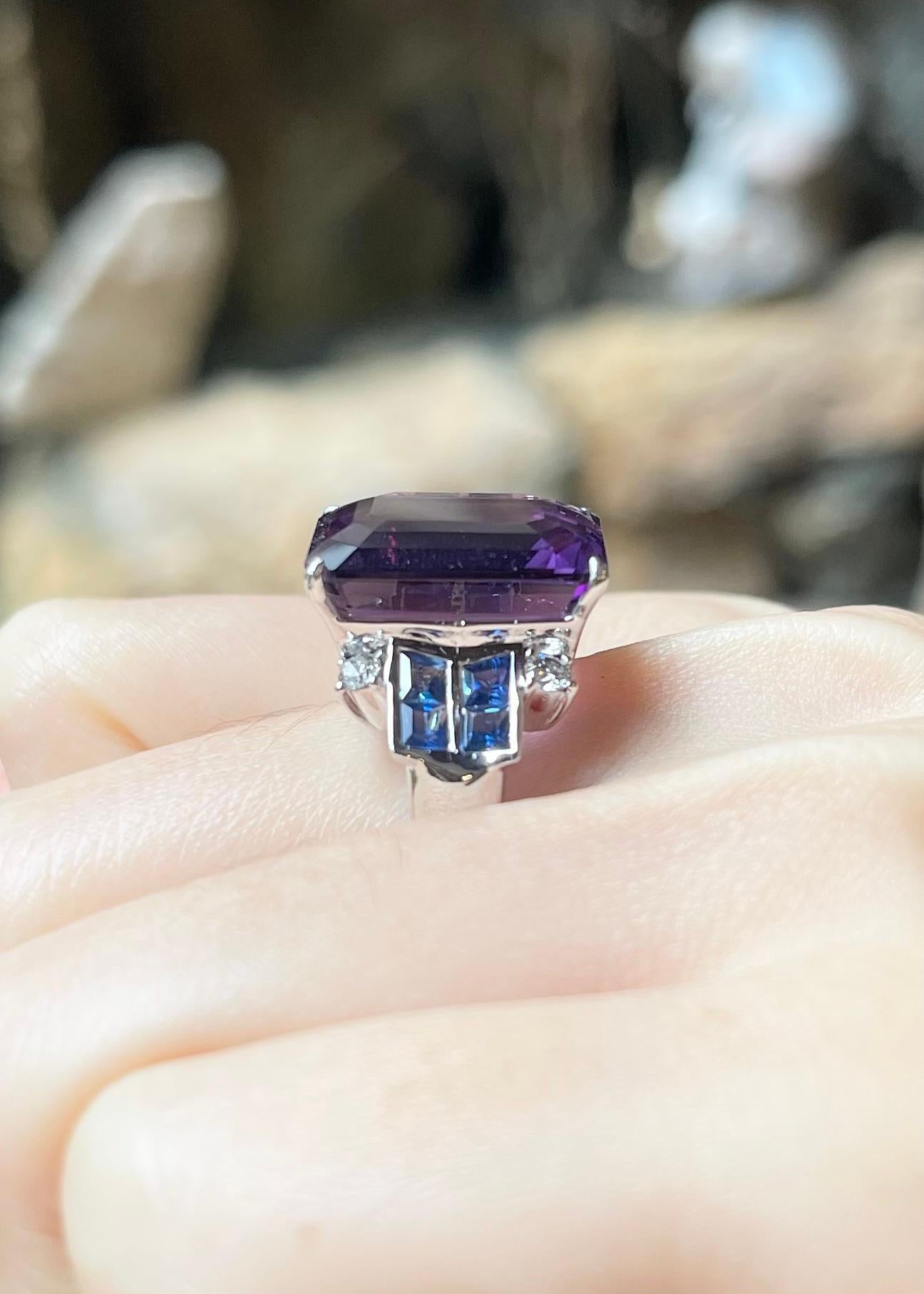 Amethyst, Blue Sapphire with Diamond Ring set in 14K White Gold Settings For Sale 2