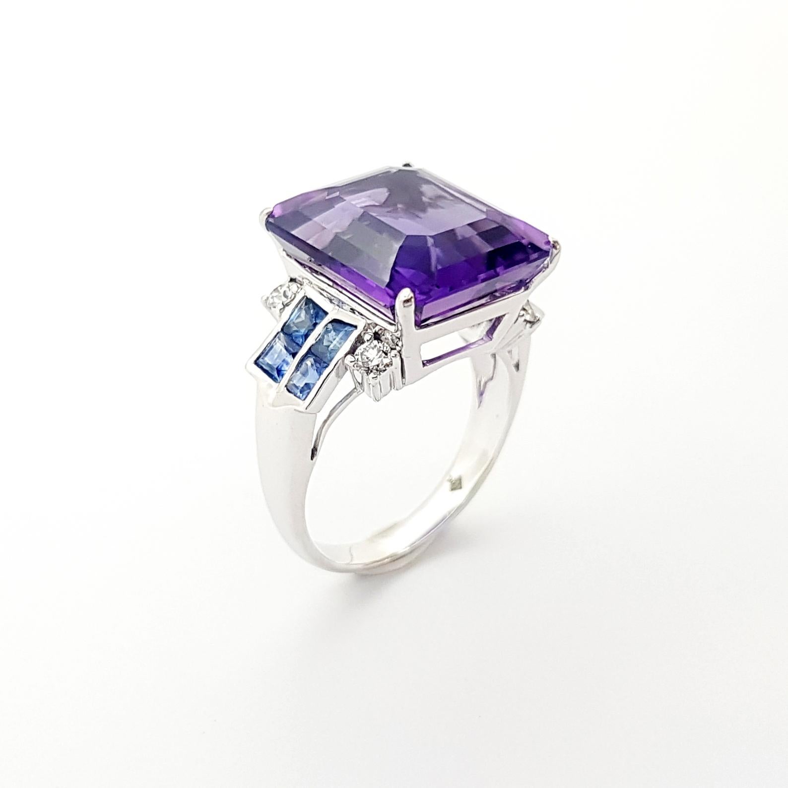 Amethyst, Blue Sapphire with Diamond Ring set in 14K White Gold Settings For Sale 3