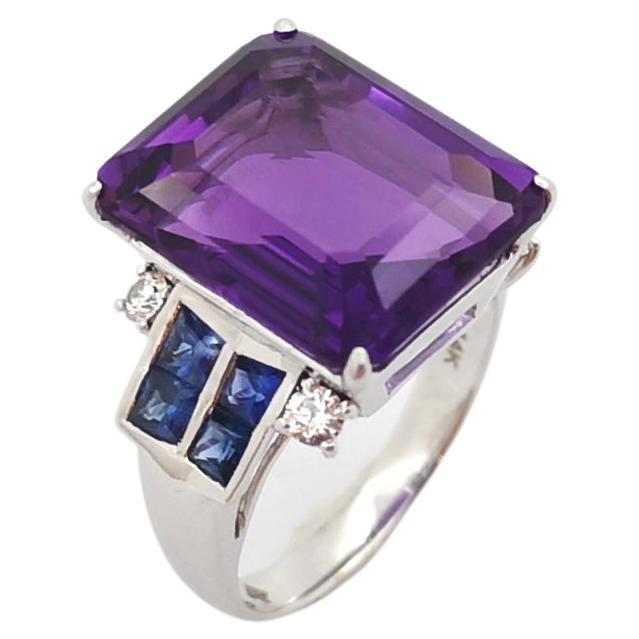 Amethyst, Blue Sapphire with Diamond Ring set in 14K White Gold Settings For Sale