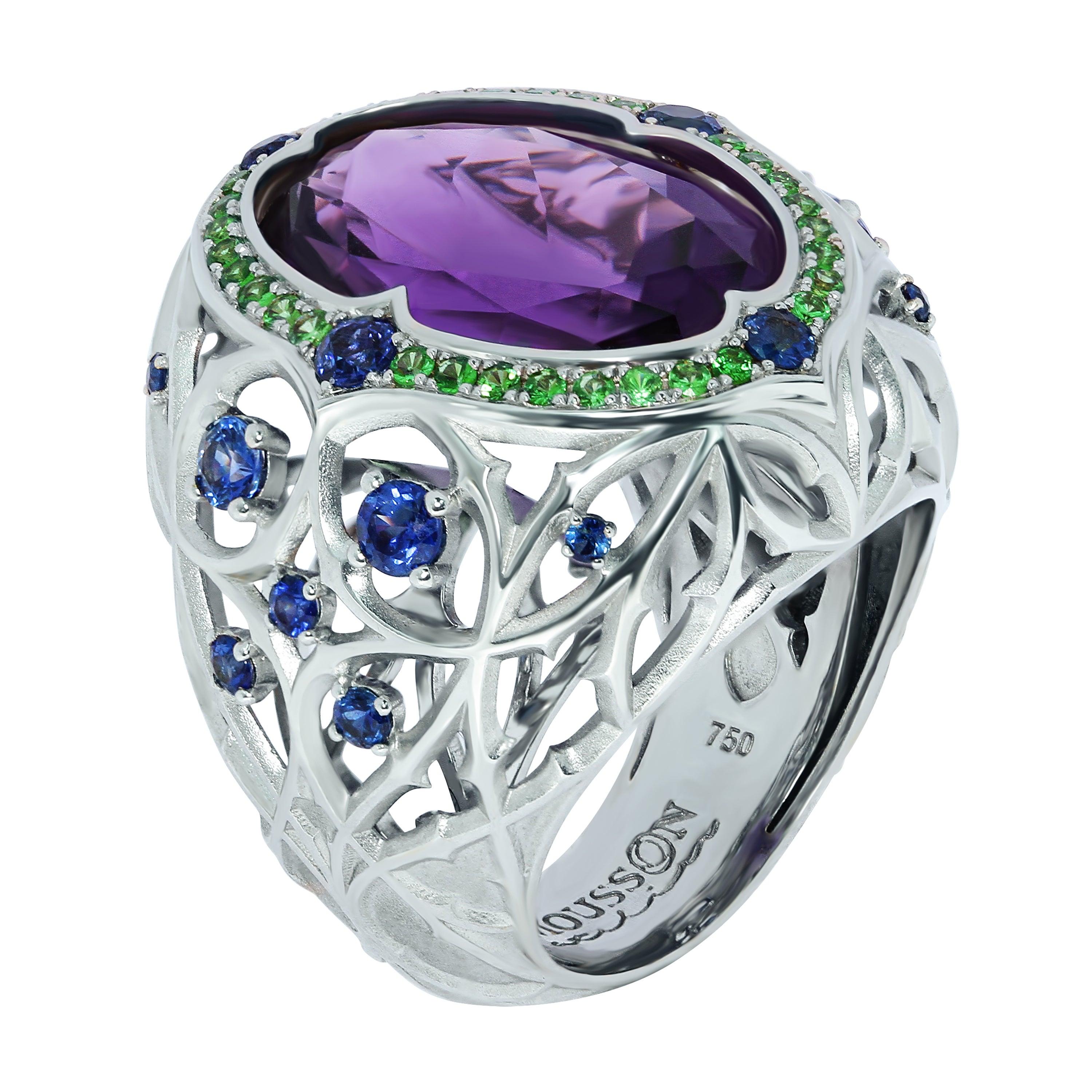 Oval Cut Amethyst Blue Sapphires Tsavorites 18 Karat White Gold Gothic Suite For Sale