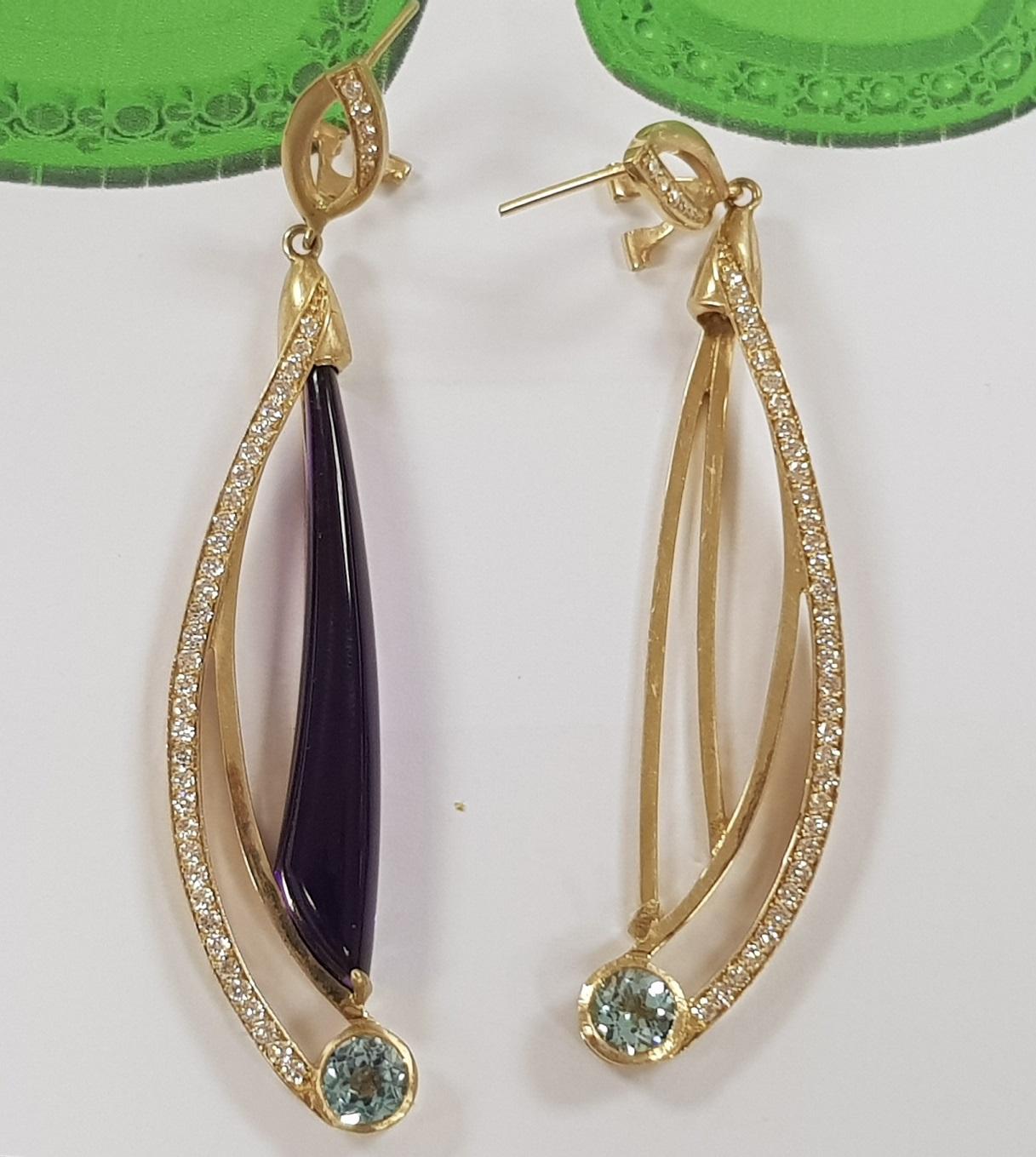 Round Cut Amethyst, Blue Topaz and Diamond Dangle Earrings in Gold