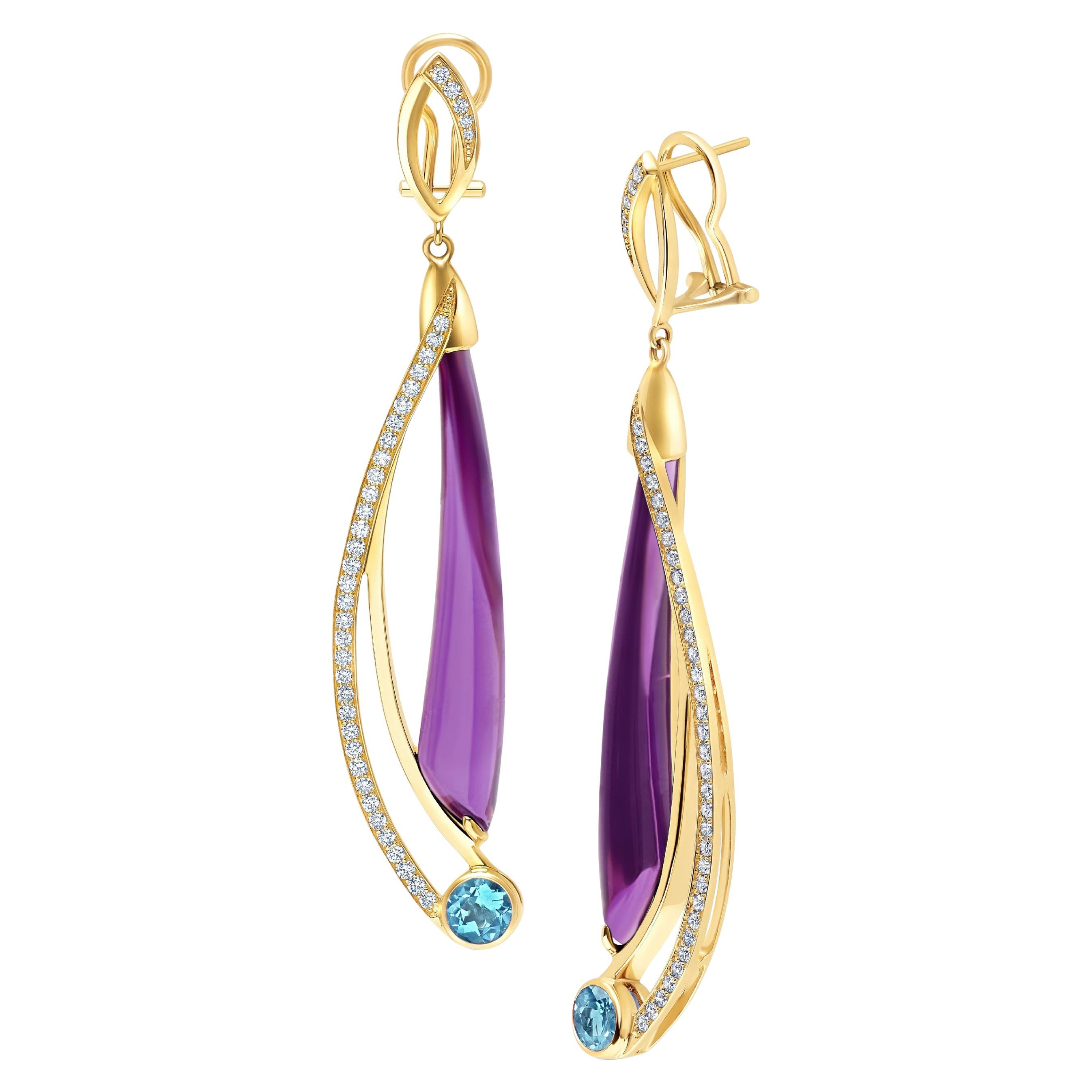 Amethyst, Blue Topaz and Diamond Dangle Earrings in Gold